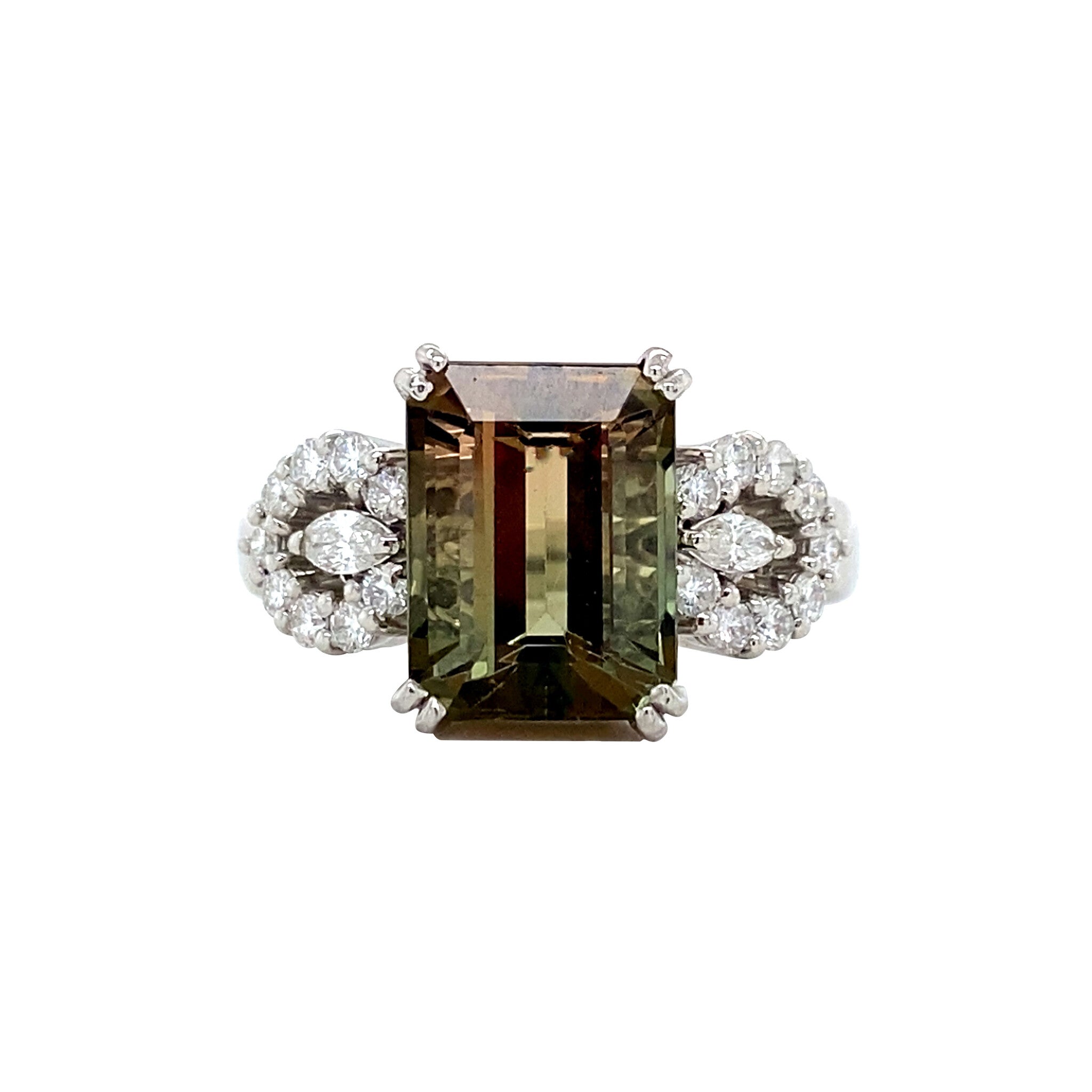 Platina vintage ring met toermalijn en diamant 900