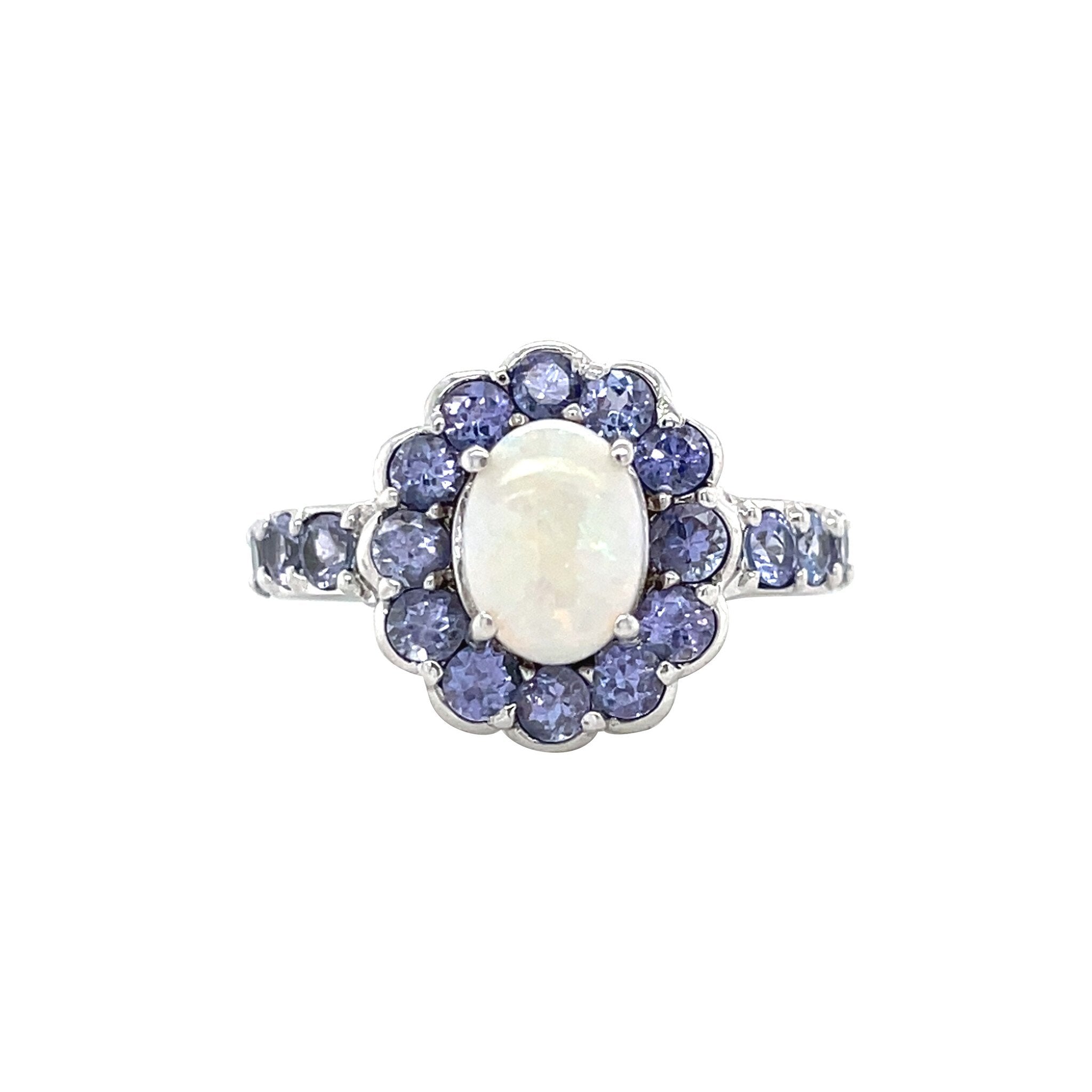 Vintage entourage ring with opal and tanzanite 10 kt