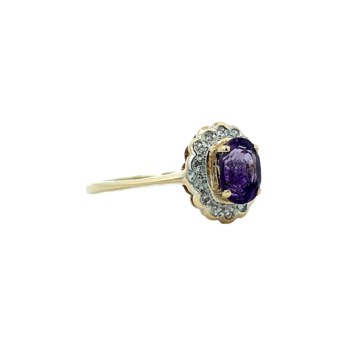Vintage entourage ring met amethist en diamant 9 kt