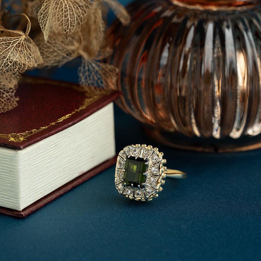 Vintage gold cluster ring with tourmaline and spinel, 18 kt