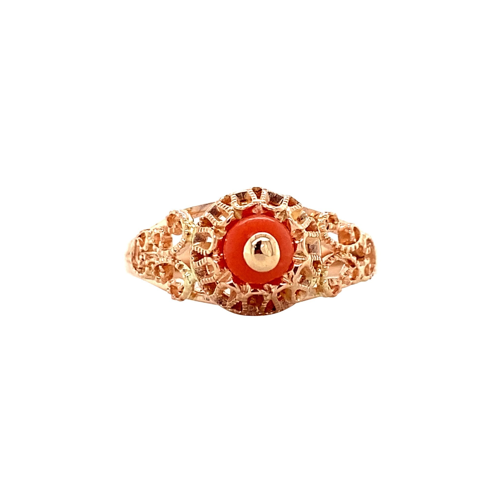 Roségouden vintage ring met bloedkoraal 14 krt