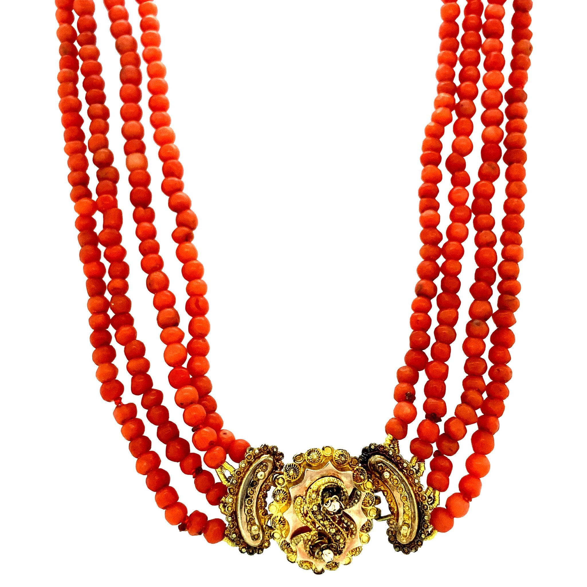 Blood coral necklace with 14-carat gold clasp