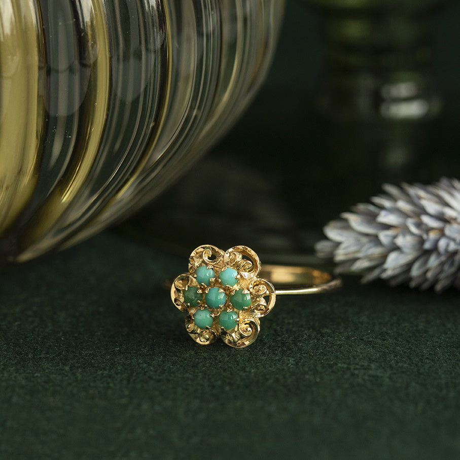 Gouden vintage entourage ring met turkoois 18 kt
