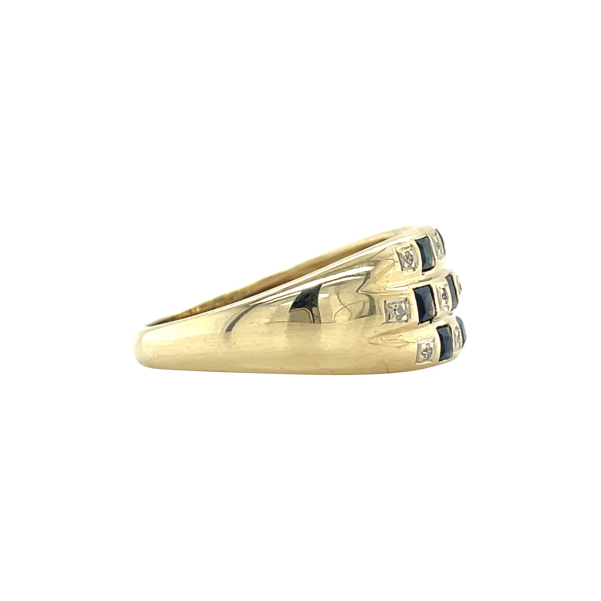 Vintage gold row ring with sapphire and diamond, 14 kt