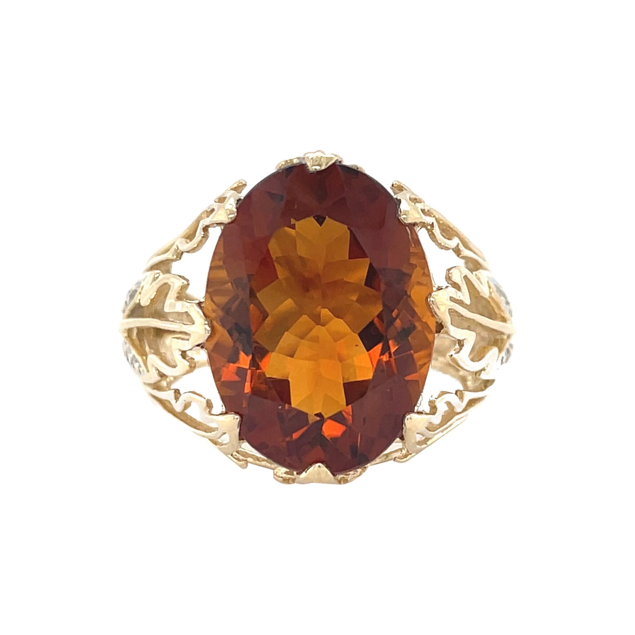 Gouden vintage ring met citrien en diamant 14 krt