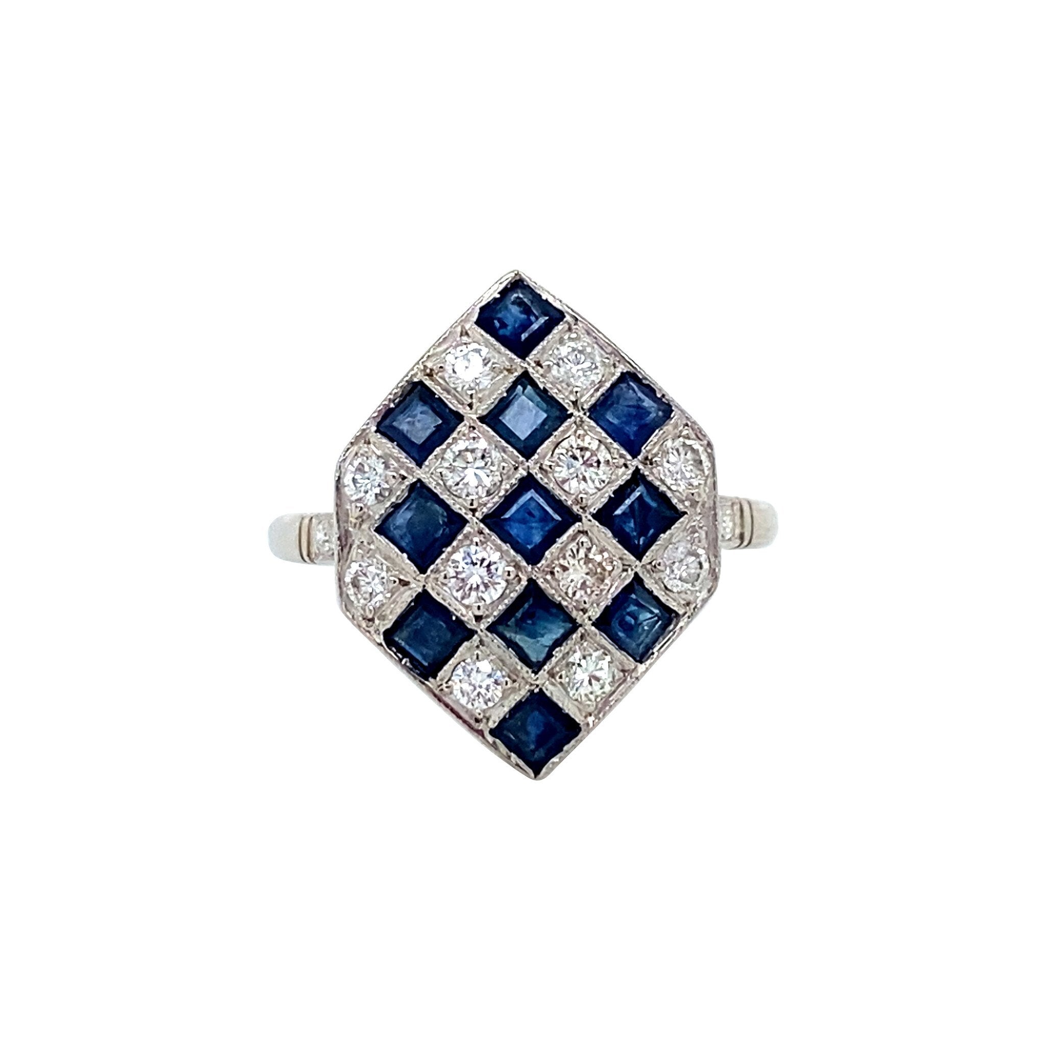 Platina vintage ring met saffier en diamant 900