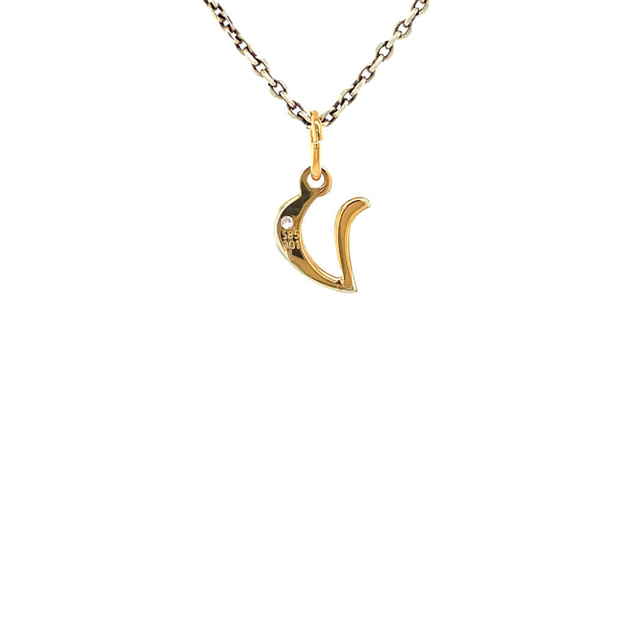 14 kt gold letter V pendant with diamond