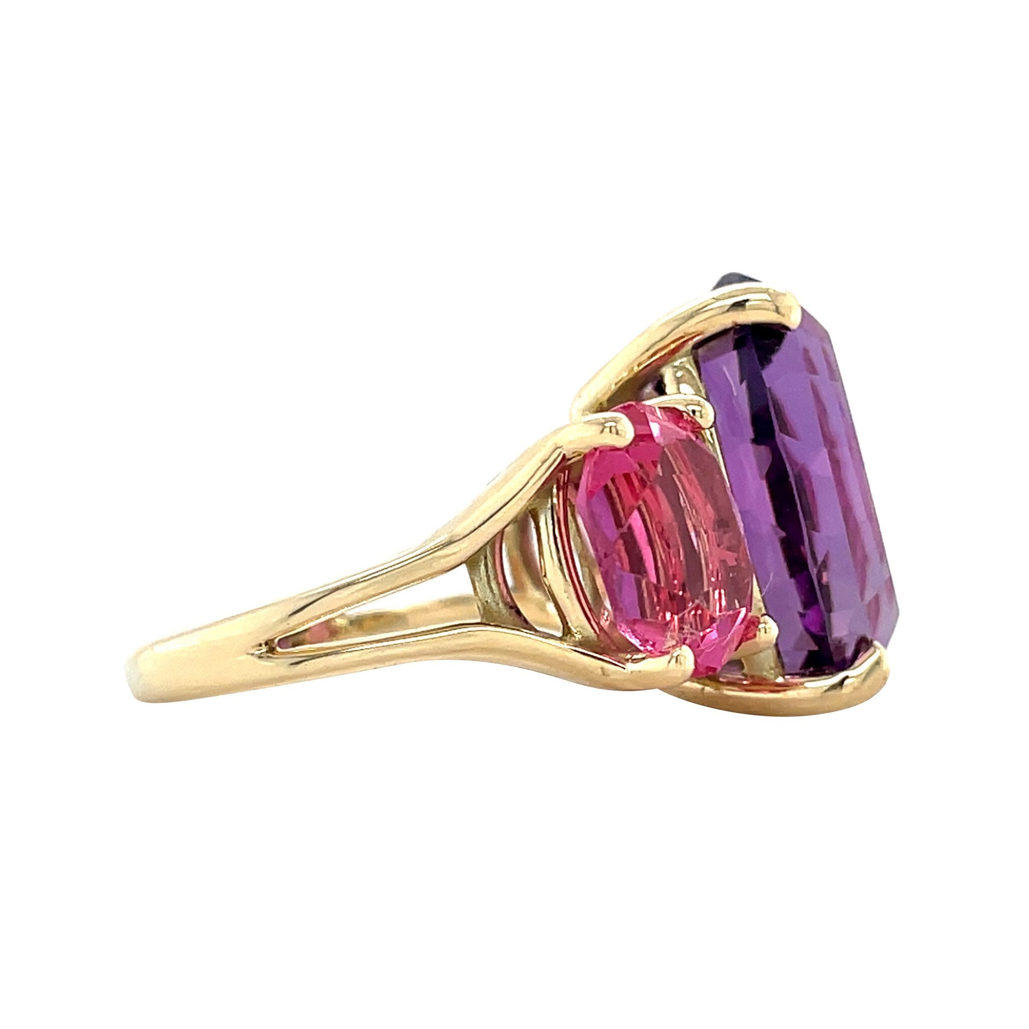 Gouden vintage ring met amethist en kleursteen 14 krt