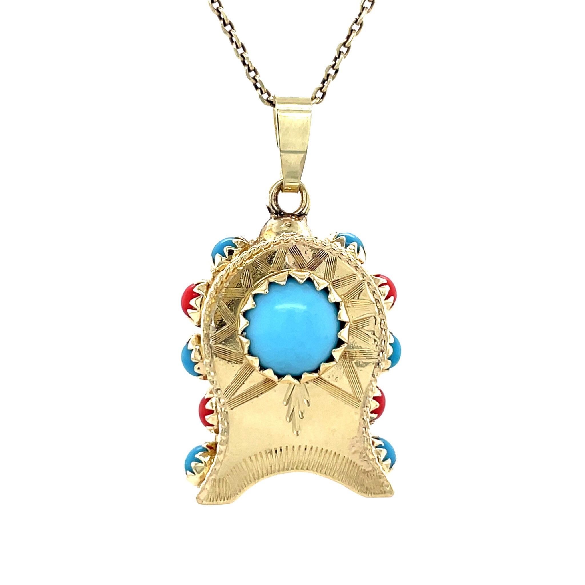 Gouden vintage klok hanger met kleursteen 14 krt