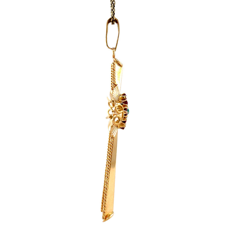 Vintage gold cross pendant with ruby and turquoise, 18 kt