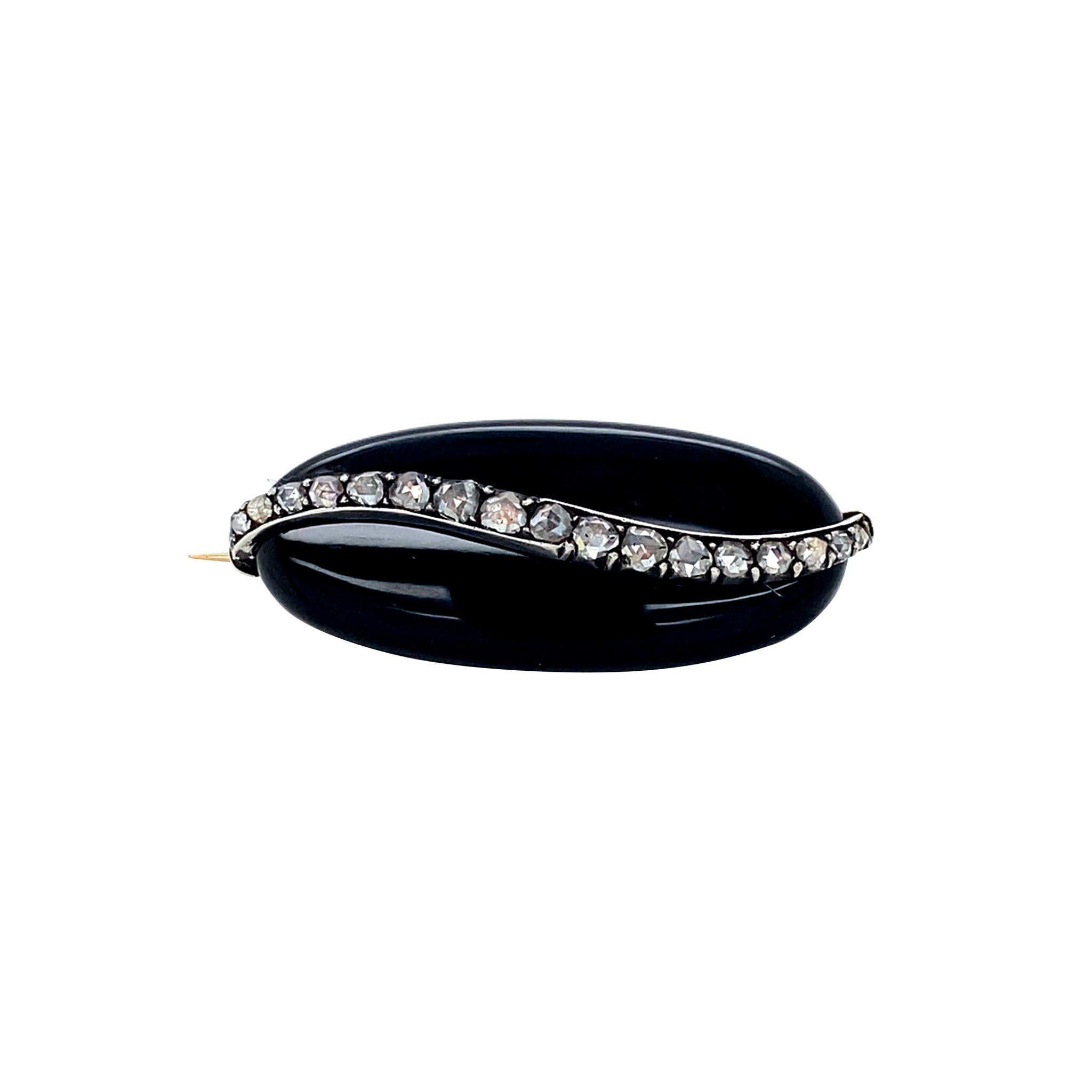 Gouden vintage broche met onyx en diamant 14 krt/925
