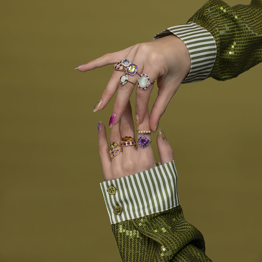 Gouden ring met peridoot, amethist en diamant 14 kt