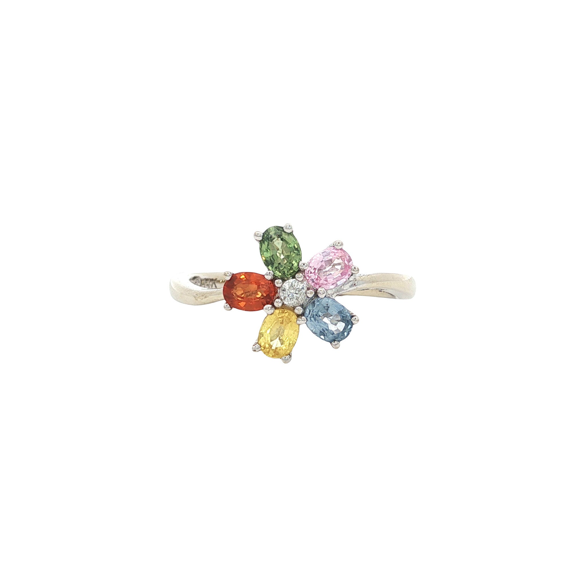 Witgouden vintage entourage ring met saffier en diamant 14 kt