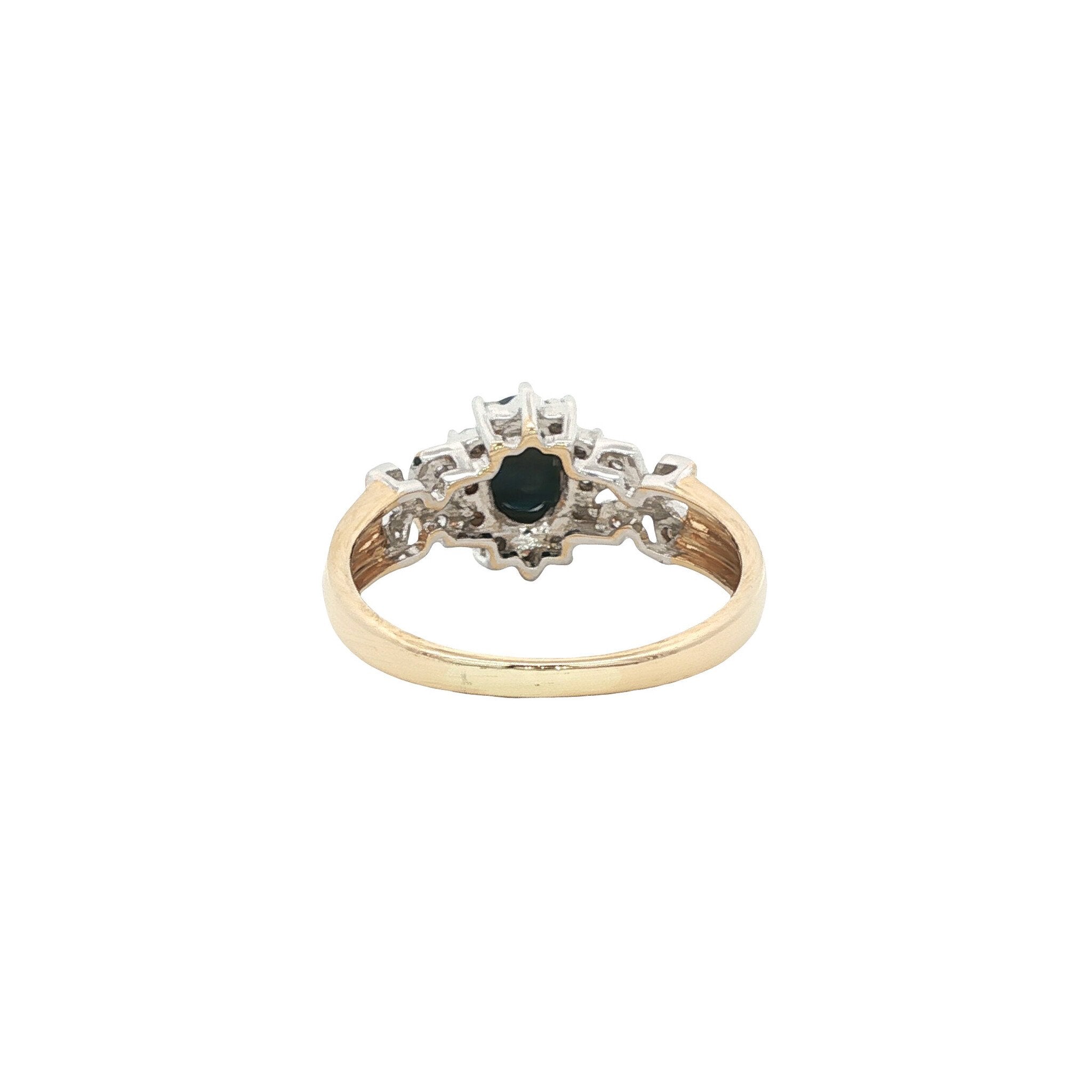 Gouden vintage entourage ring met saffier en diamant 14 kt