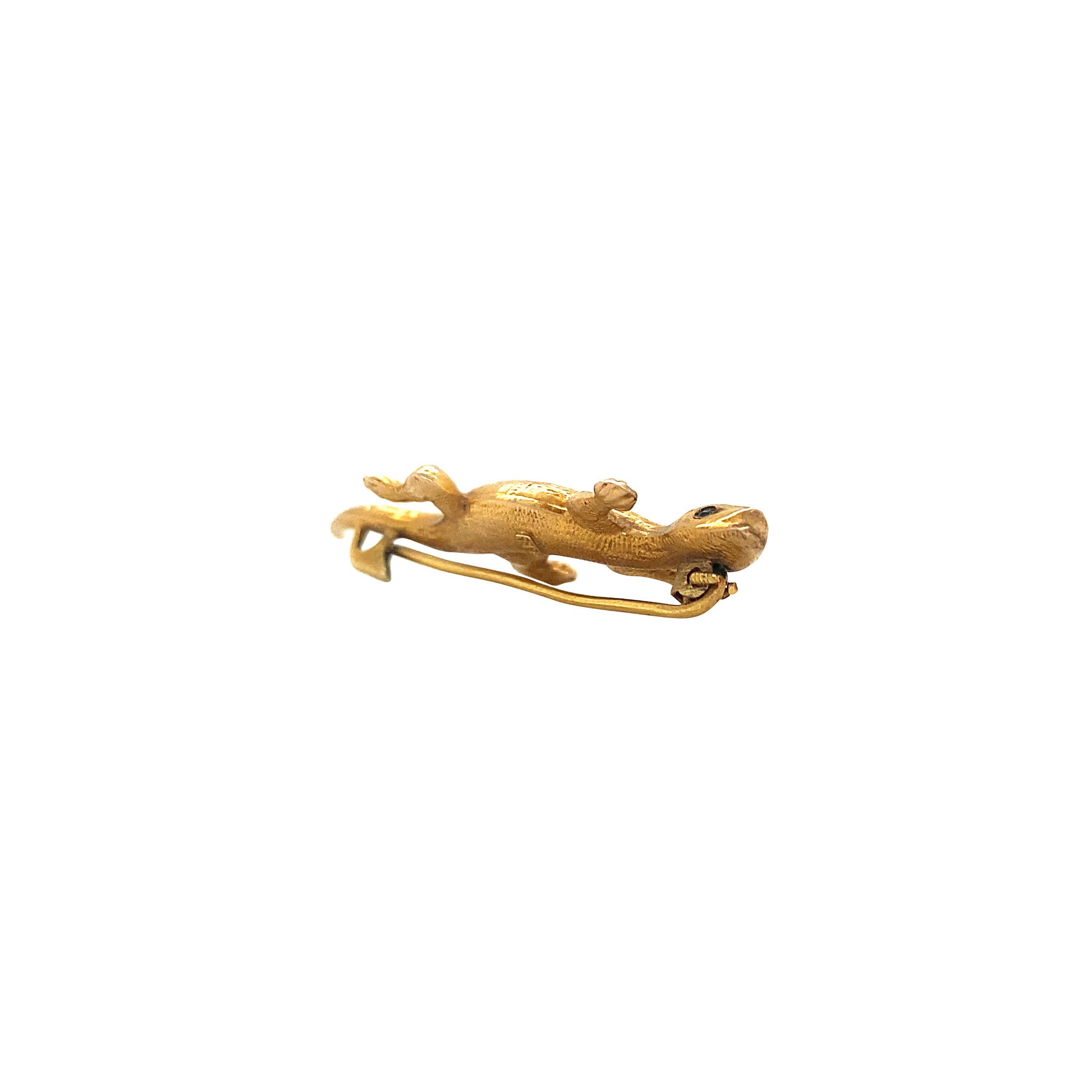 Gouden salamander broche met kleursteen 14 krt