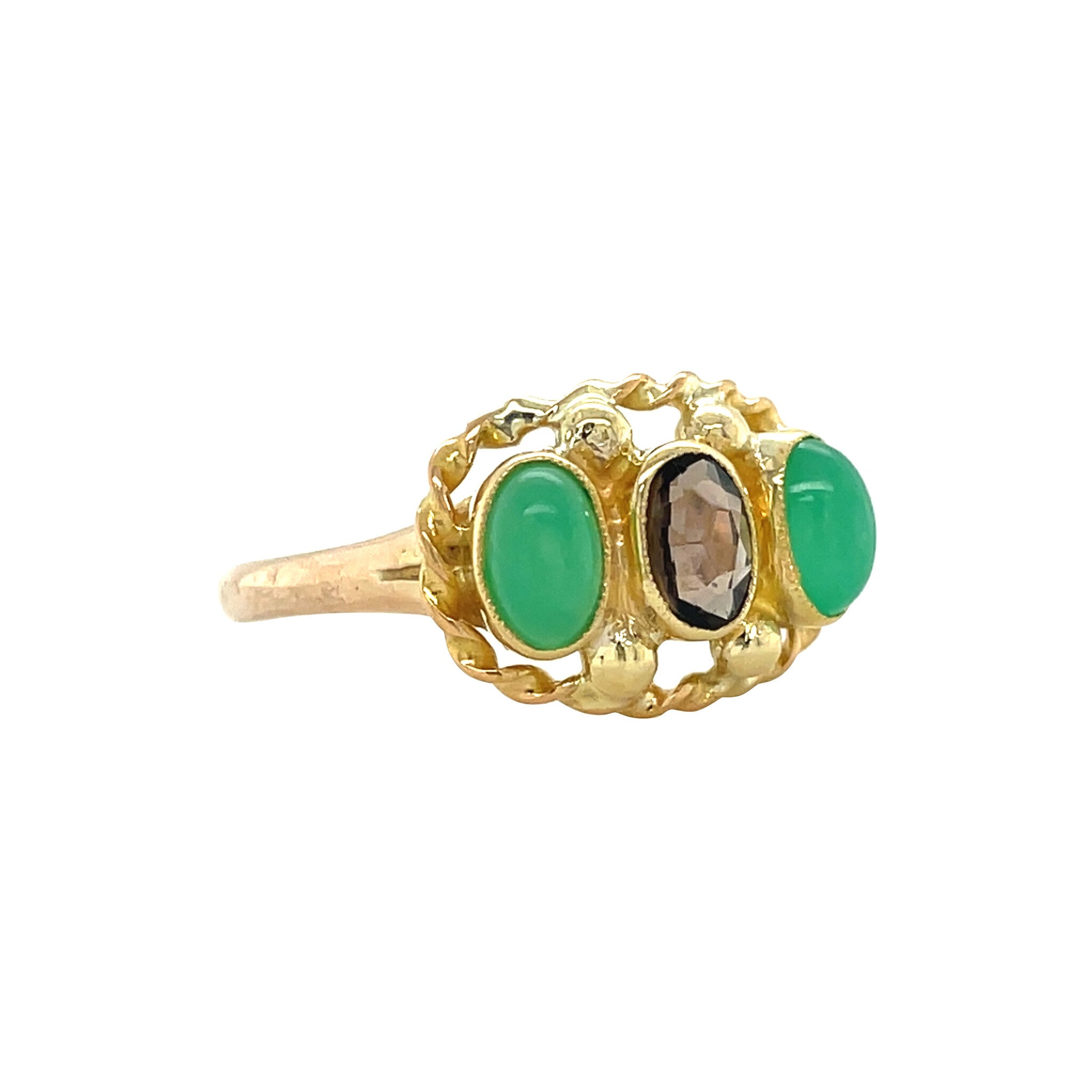 Vintage trilogy ring with smoky quartz and chrysoprase 10 kt