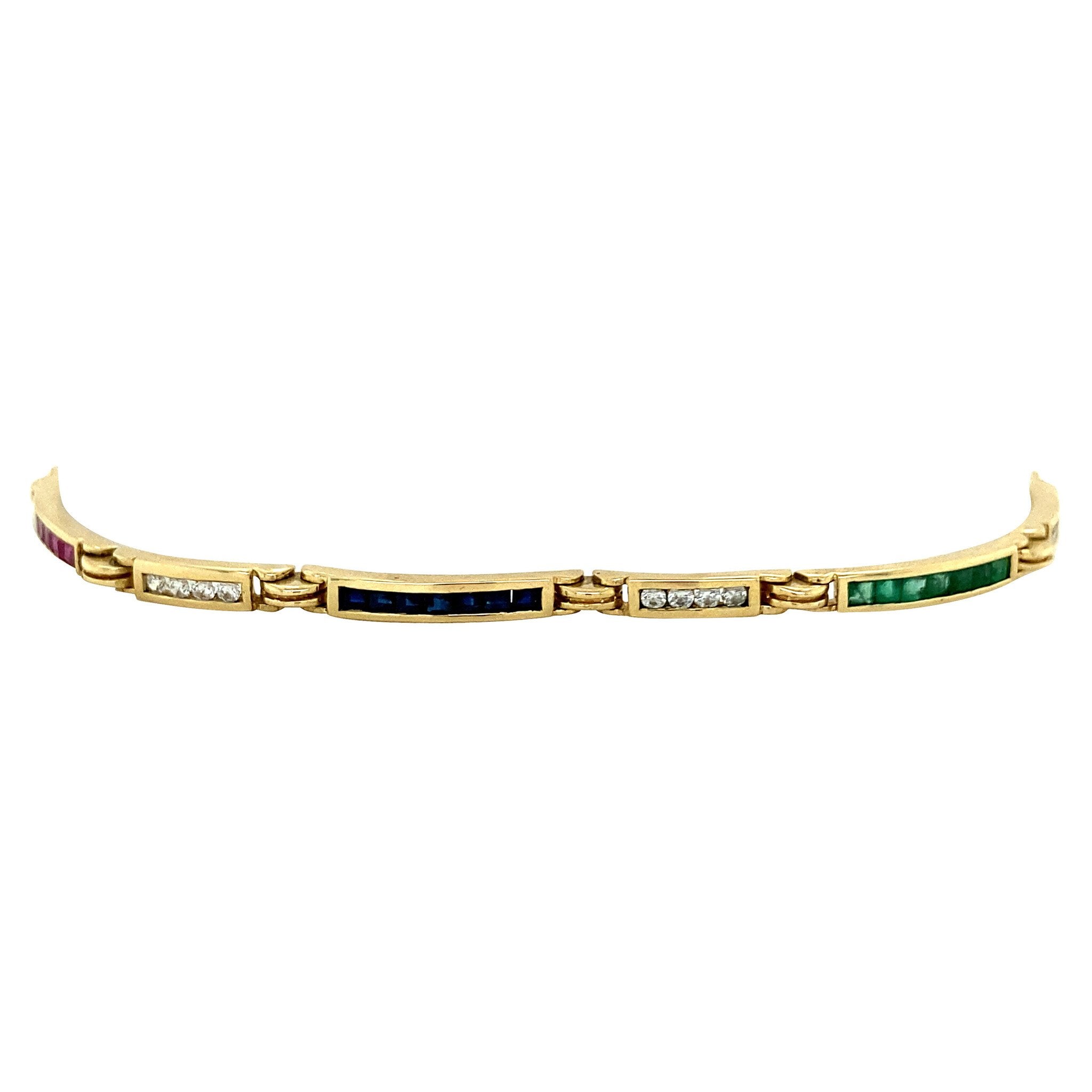 Vintage gold bracelet with sapphire, emerald, ruby and zirconia, 18 cm, 14 kt