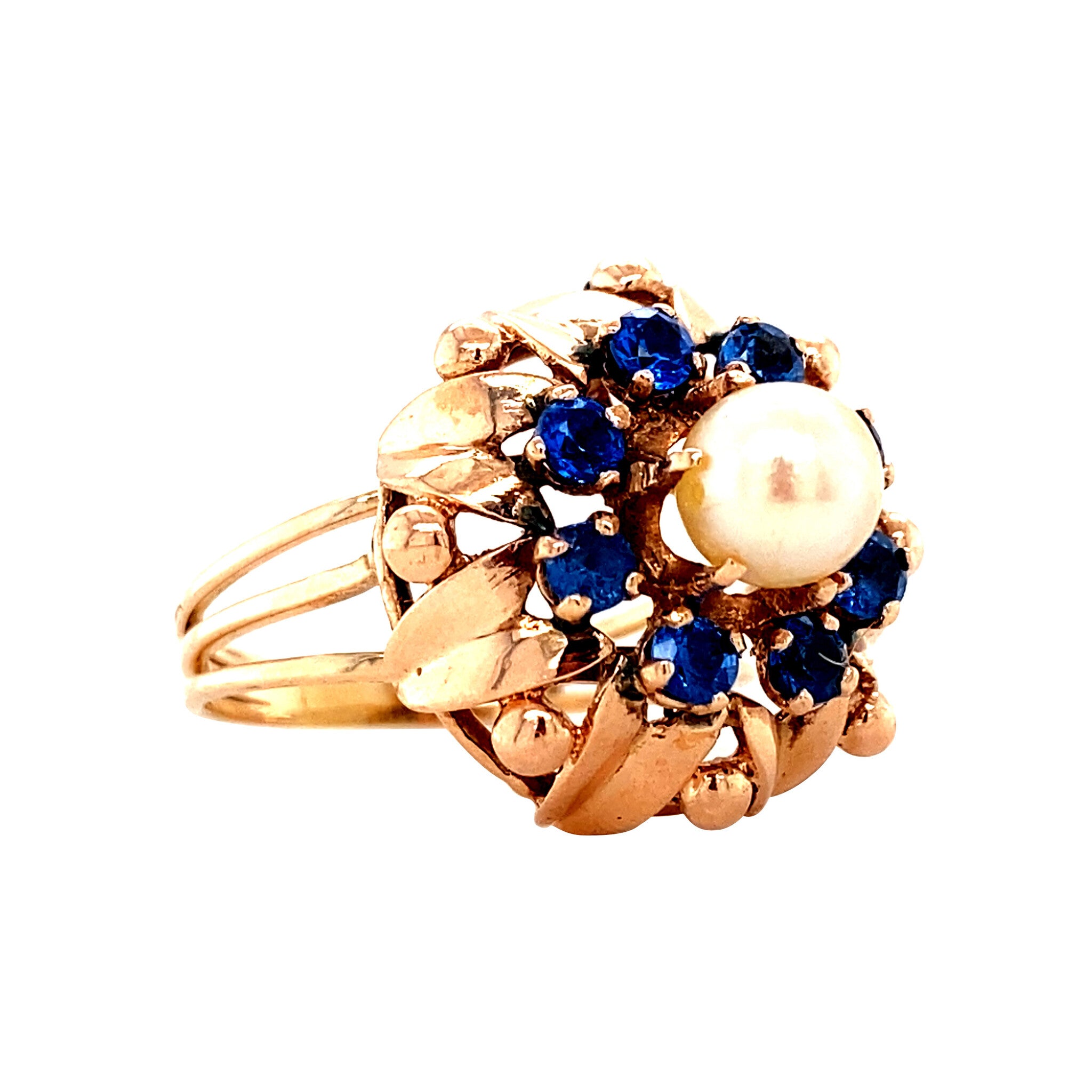 Roségouden entourage ring met parel en spinel 14 krt