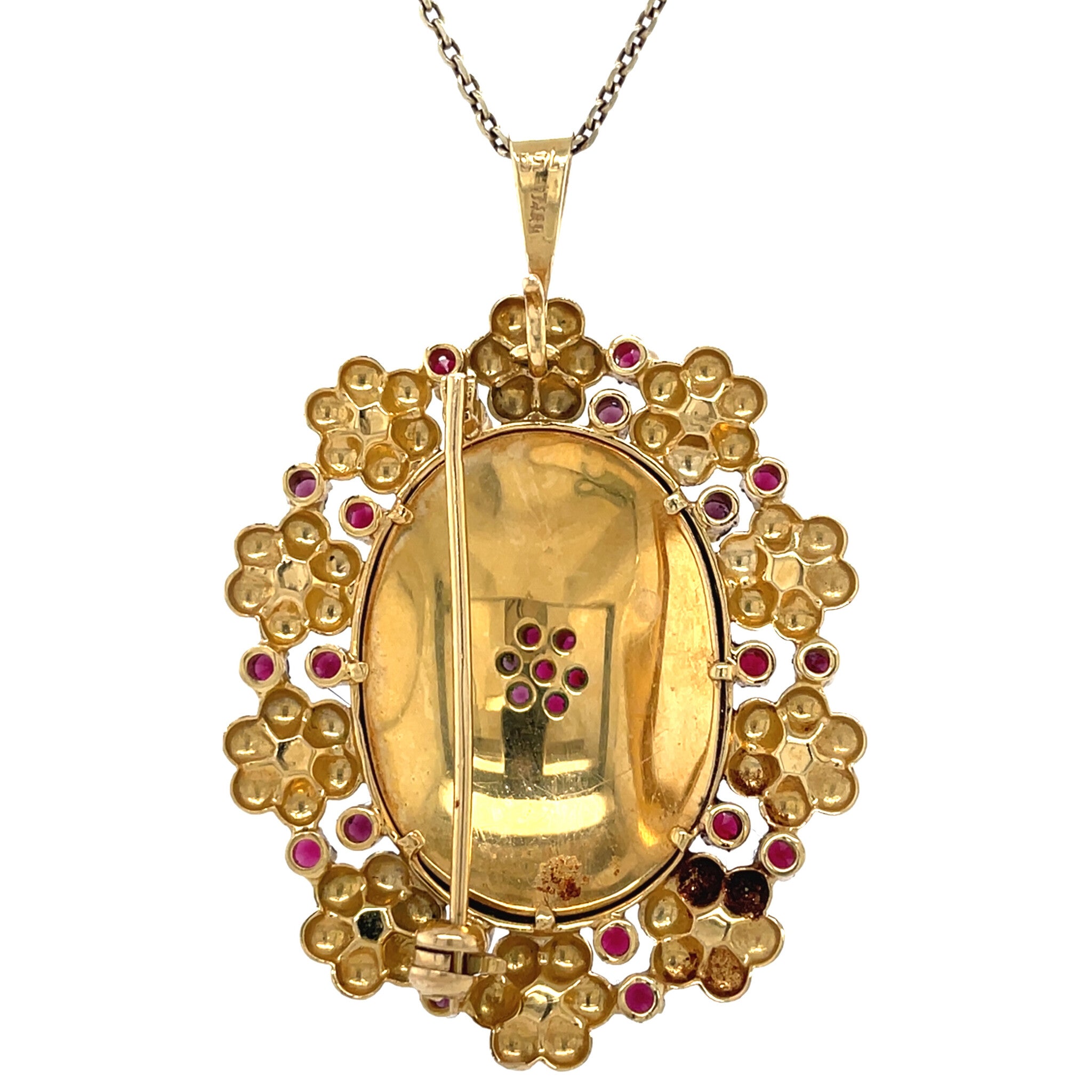 Gouden vintage entourage hanger met emaille, kleursteen en parel 18 kt