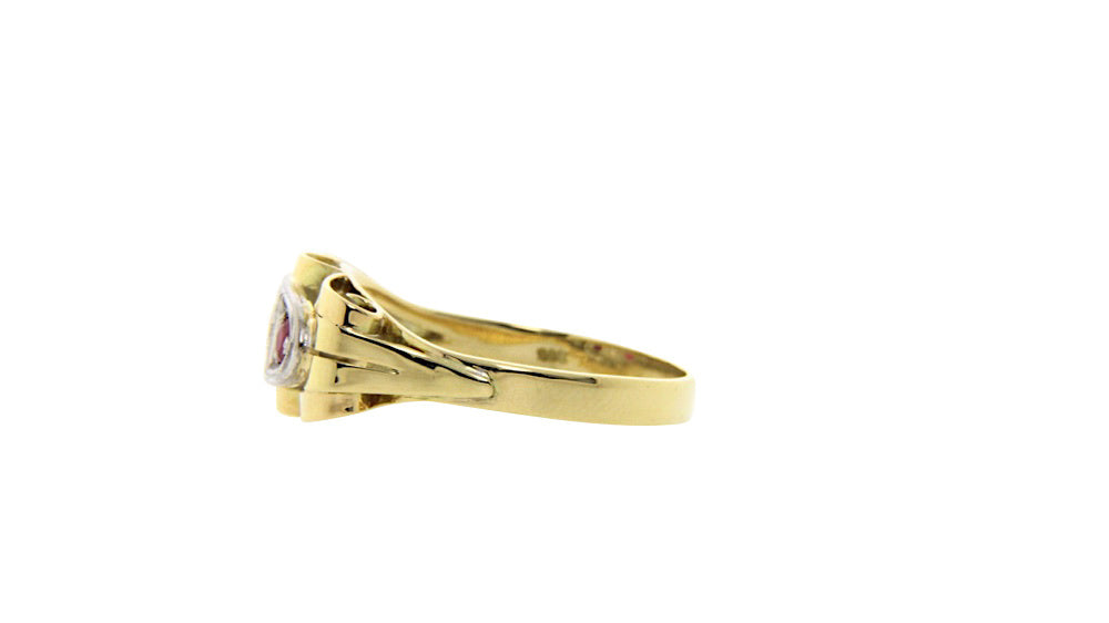 Gold art deco ring with ruby and diamond 14 krt