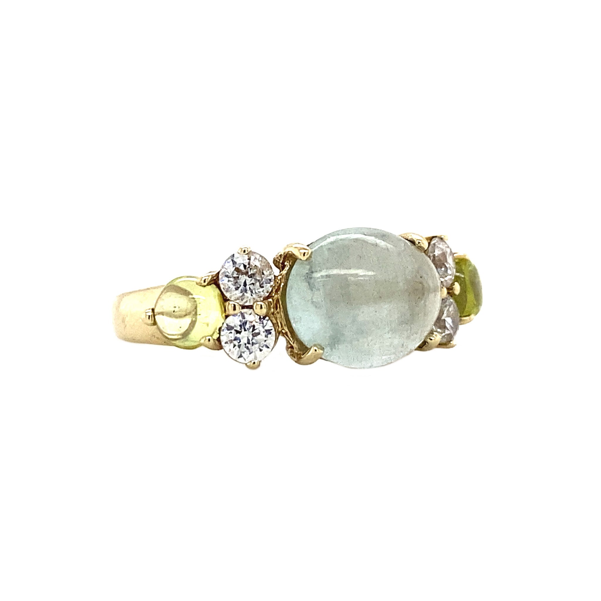 Gouden ring met maansteen, zirkonia en glas 14 krt