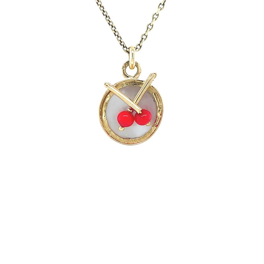 Vintage gold drum pendant with mother-of-pearl and colored stone, 14 kt