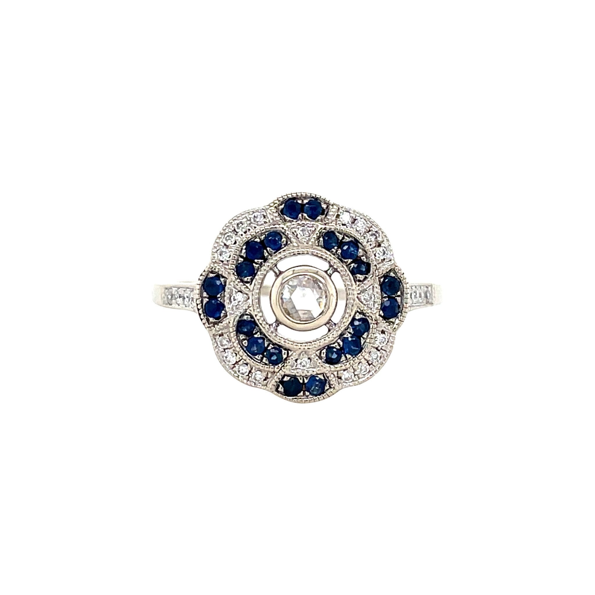 Vintage white gold double halo ring with sapphire and diamond, 14 kt