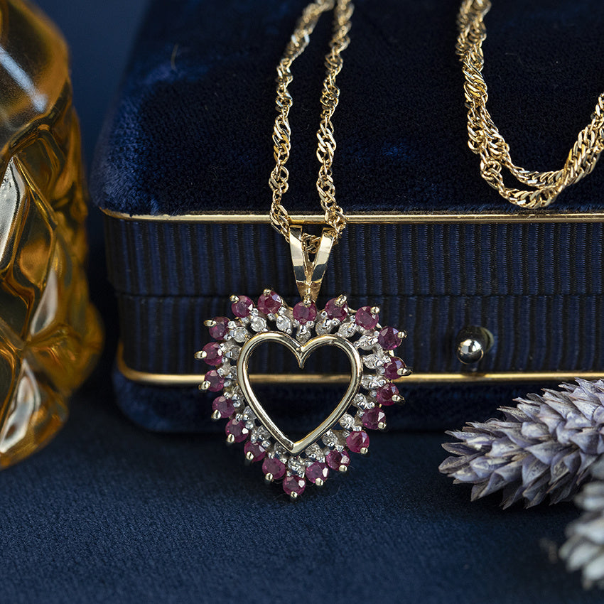 Vintage hart hanger met robijn en diamant 10 kt