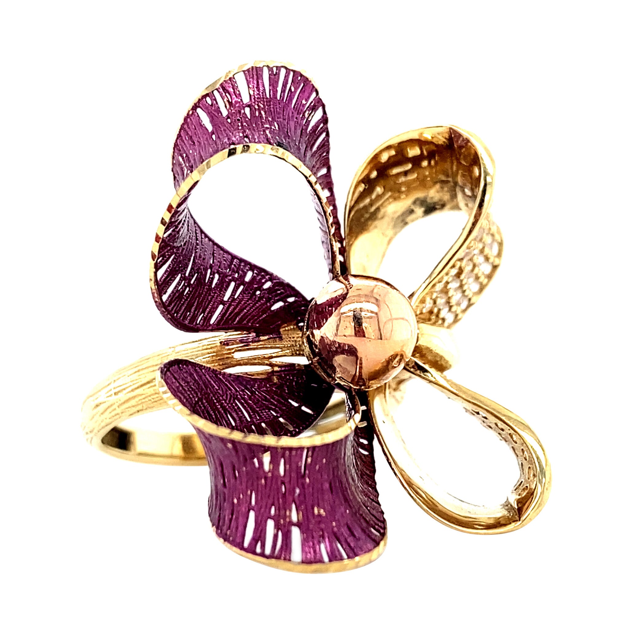 Gouden vintage strik ring met emaille en zirkonia 18 krt