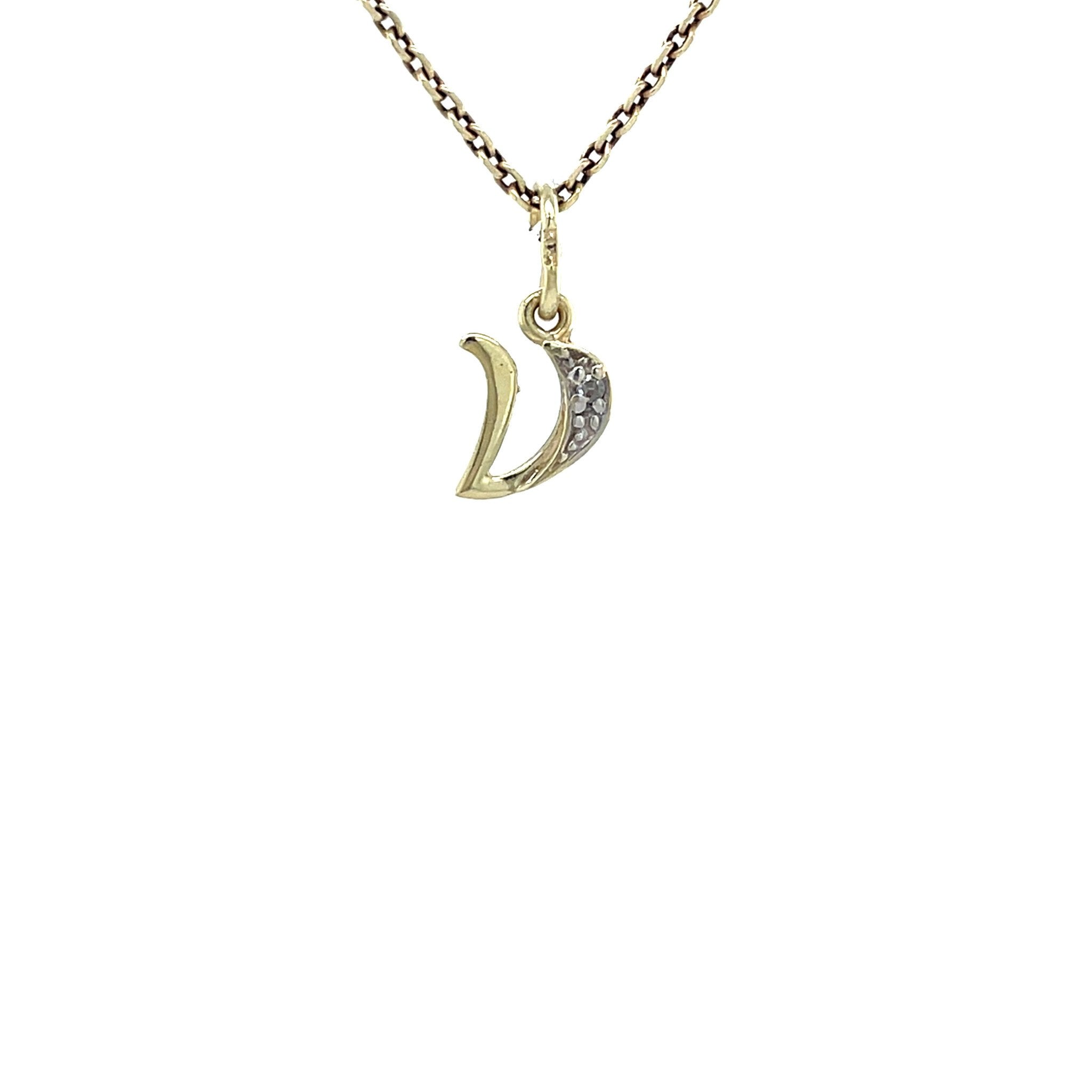 Gold vintage letter V pendant with diamond, 14 kt