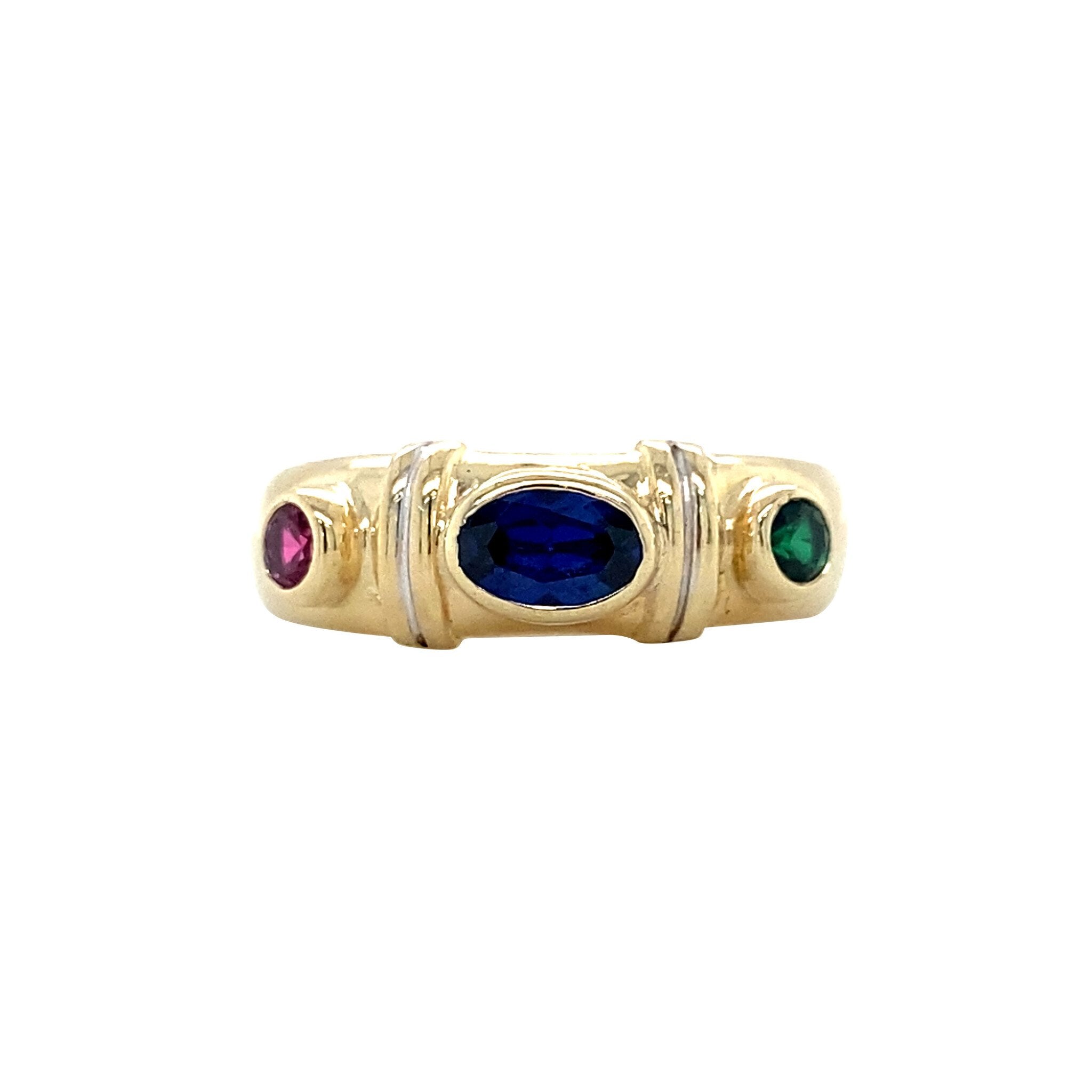 Gold vintage ring with ruby, sapphire and colour stone 14 krt