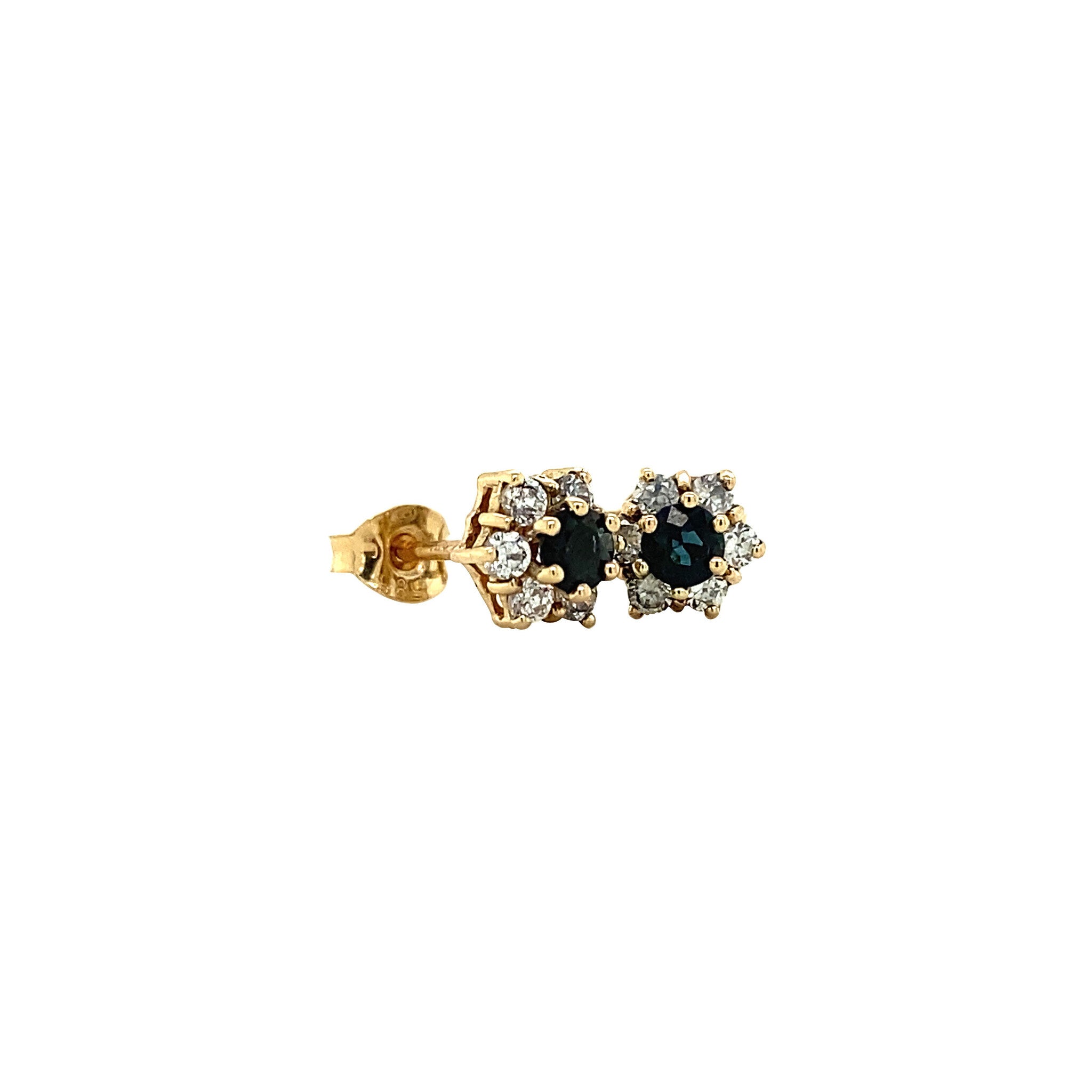 14 kt gold halo stud earrings with sapphire and cubic zirconia