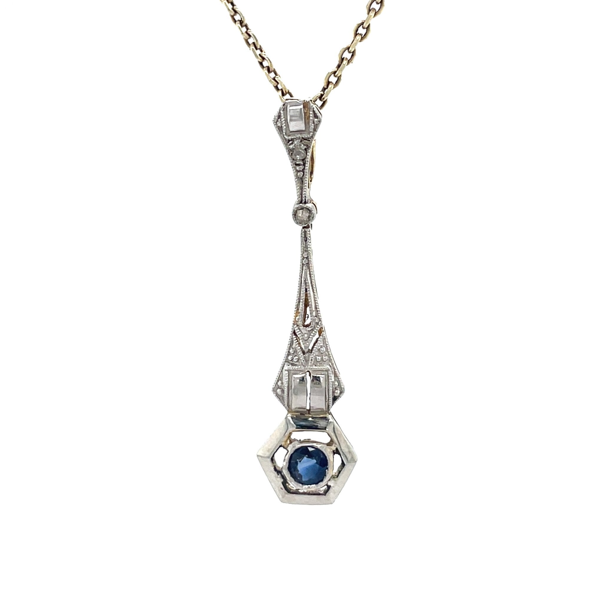 Bicolour golden vintage art deco pendant with sapphire and diamond 14 kt