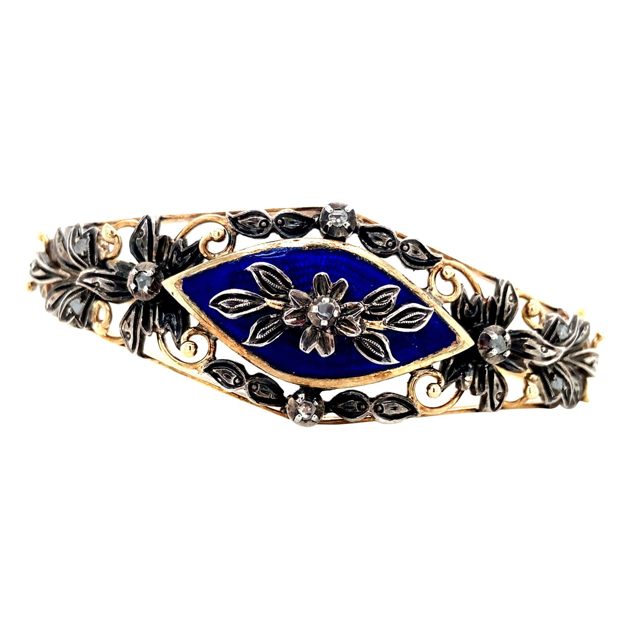 Gouden vintage bangle met roosdiamant en emaille 14 krt/925
