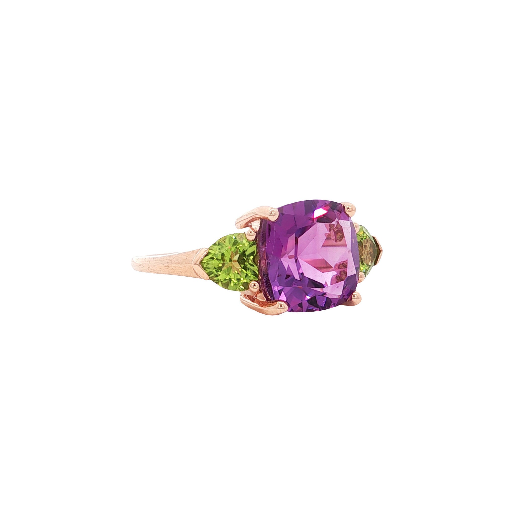 Ring with amethyst and peridot, 9 kt
