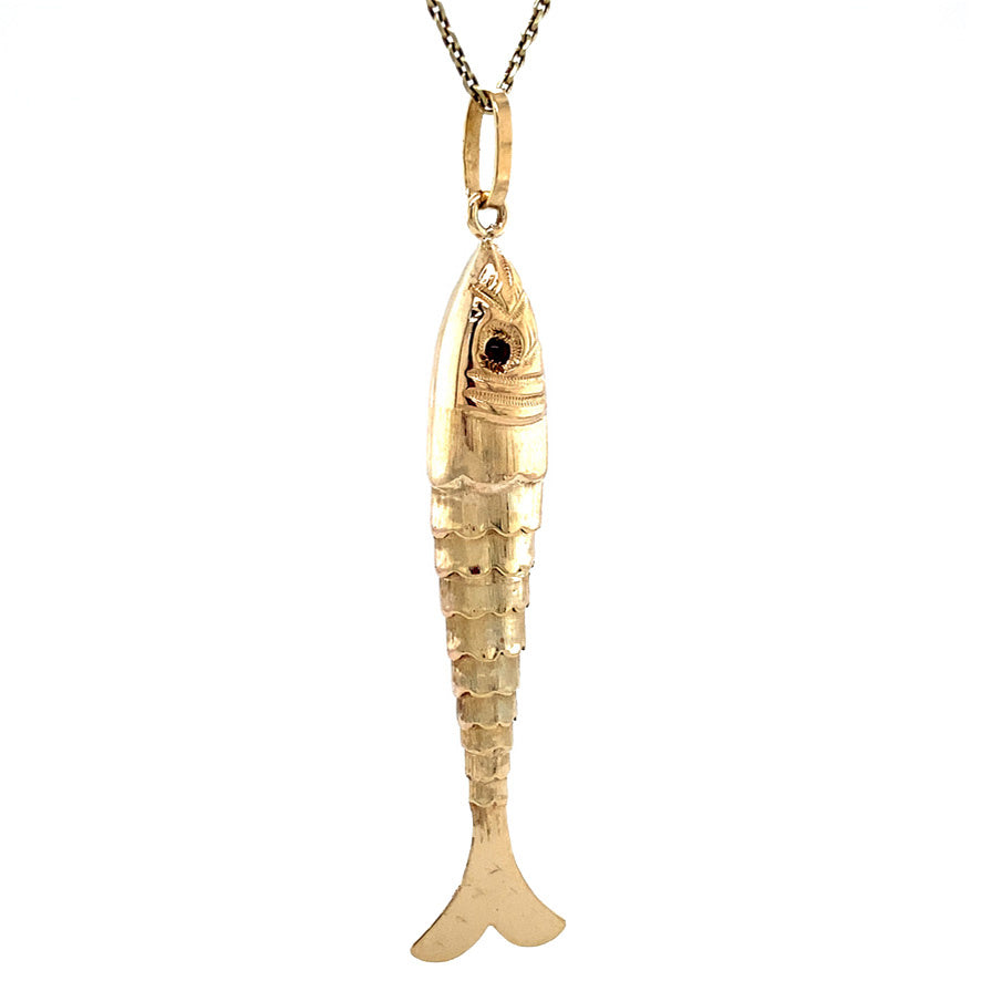 Vintage gold fish pendant with colored gemstone, 14 kt