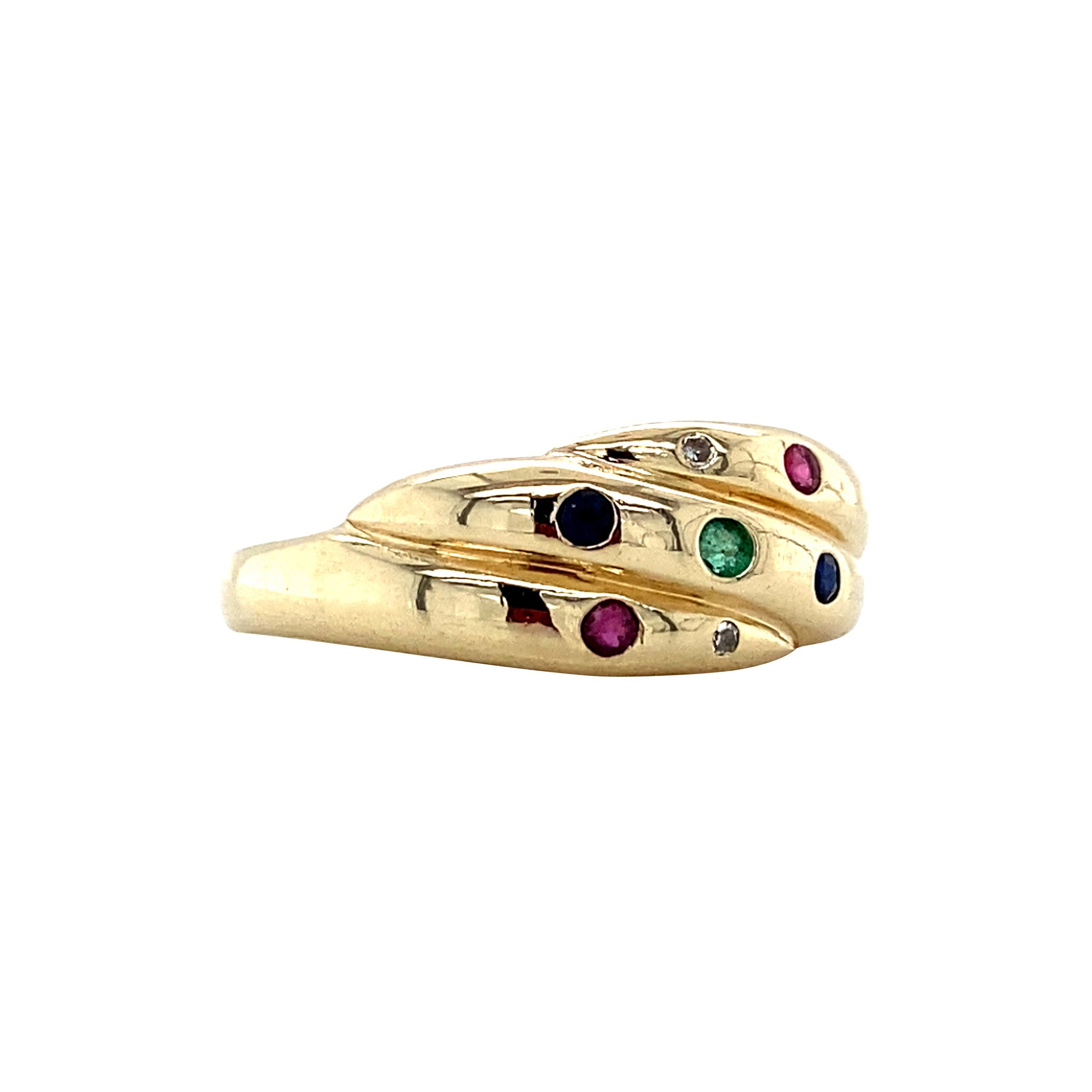 Gold vintage ring with ruby, emerald, sapphire and diamond 14 kt