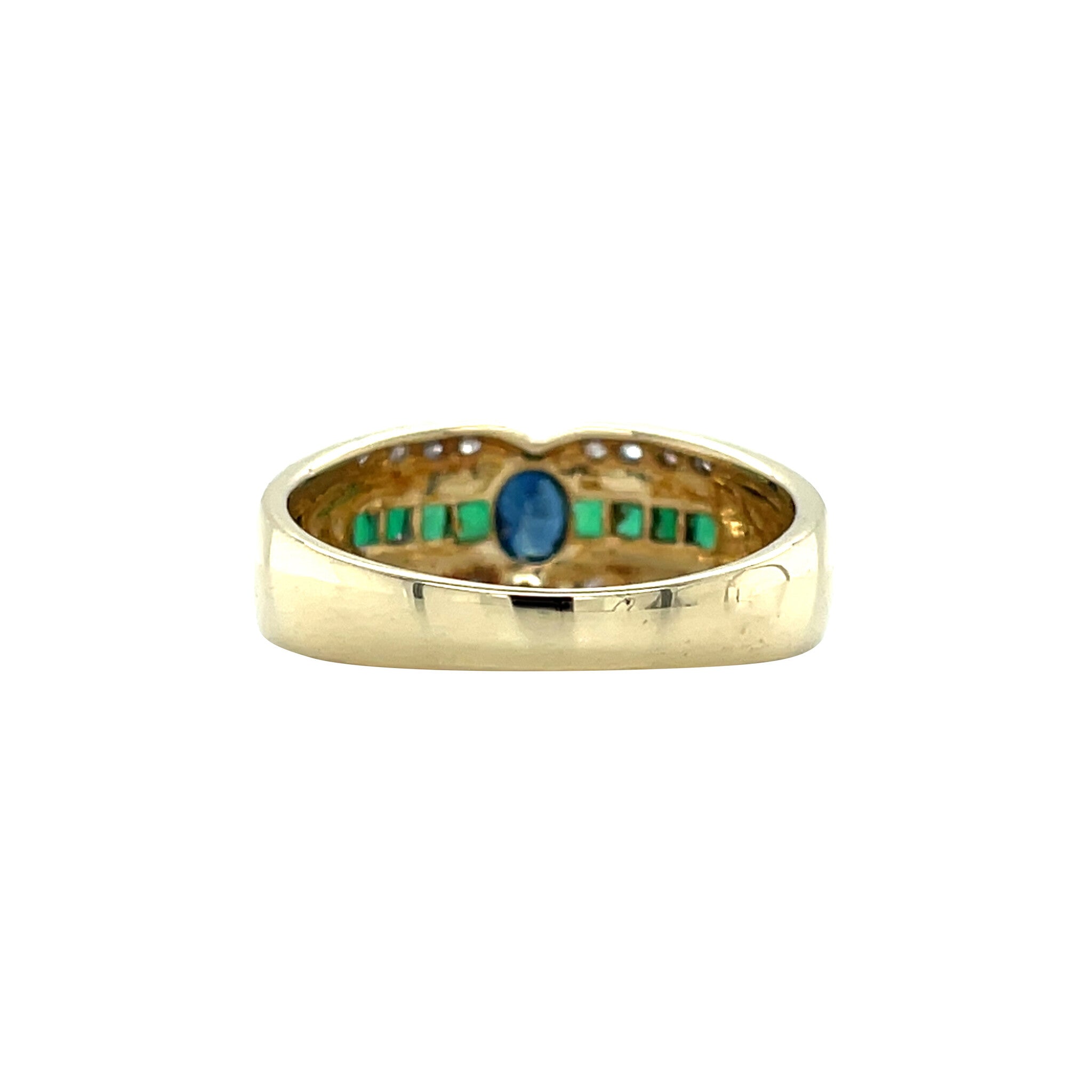 Vintage gold ring with emerald, sapphire and diamond, 14 kt