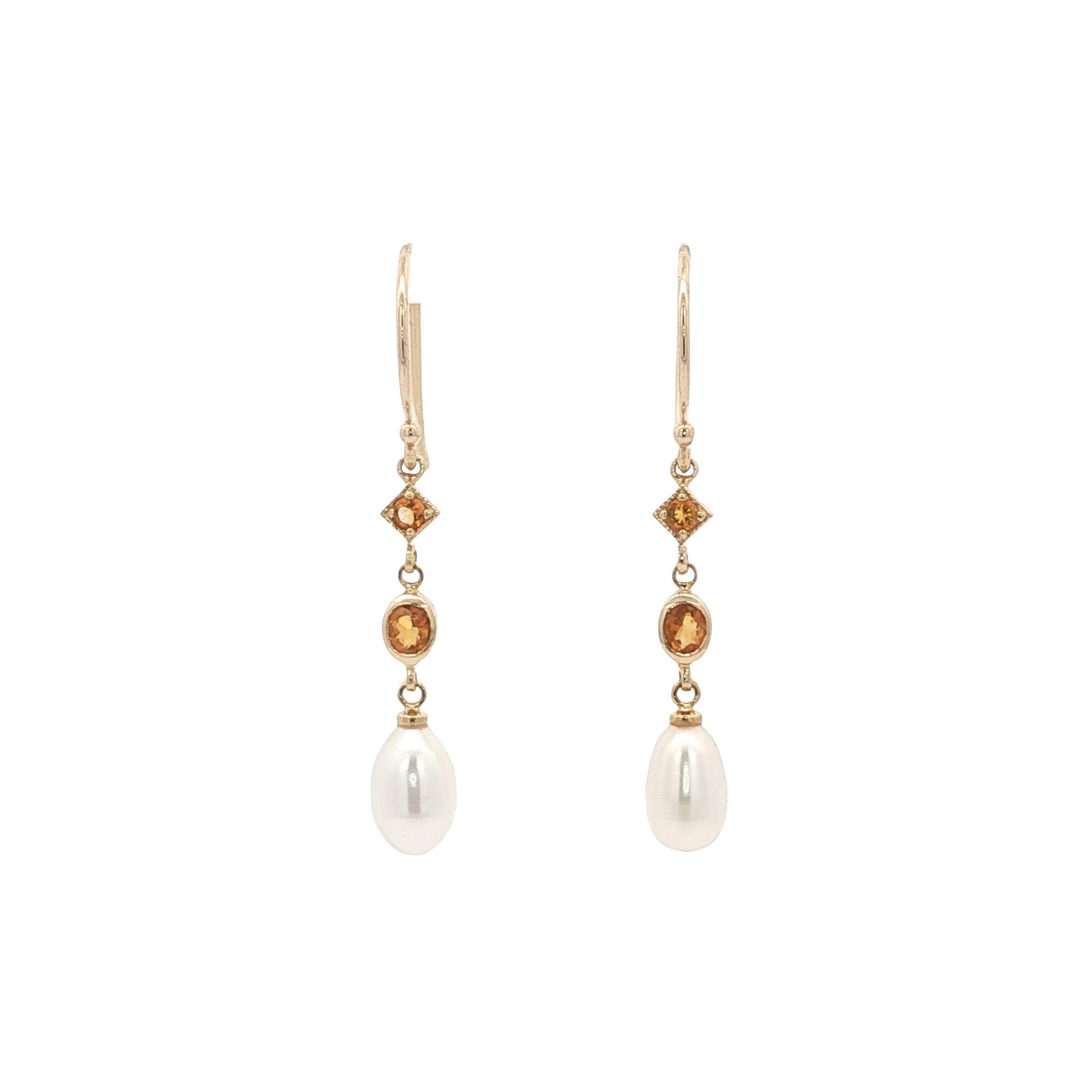 Gold earrings with citrine and pearl 14 kt