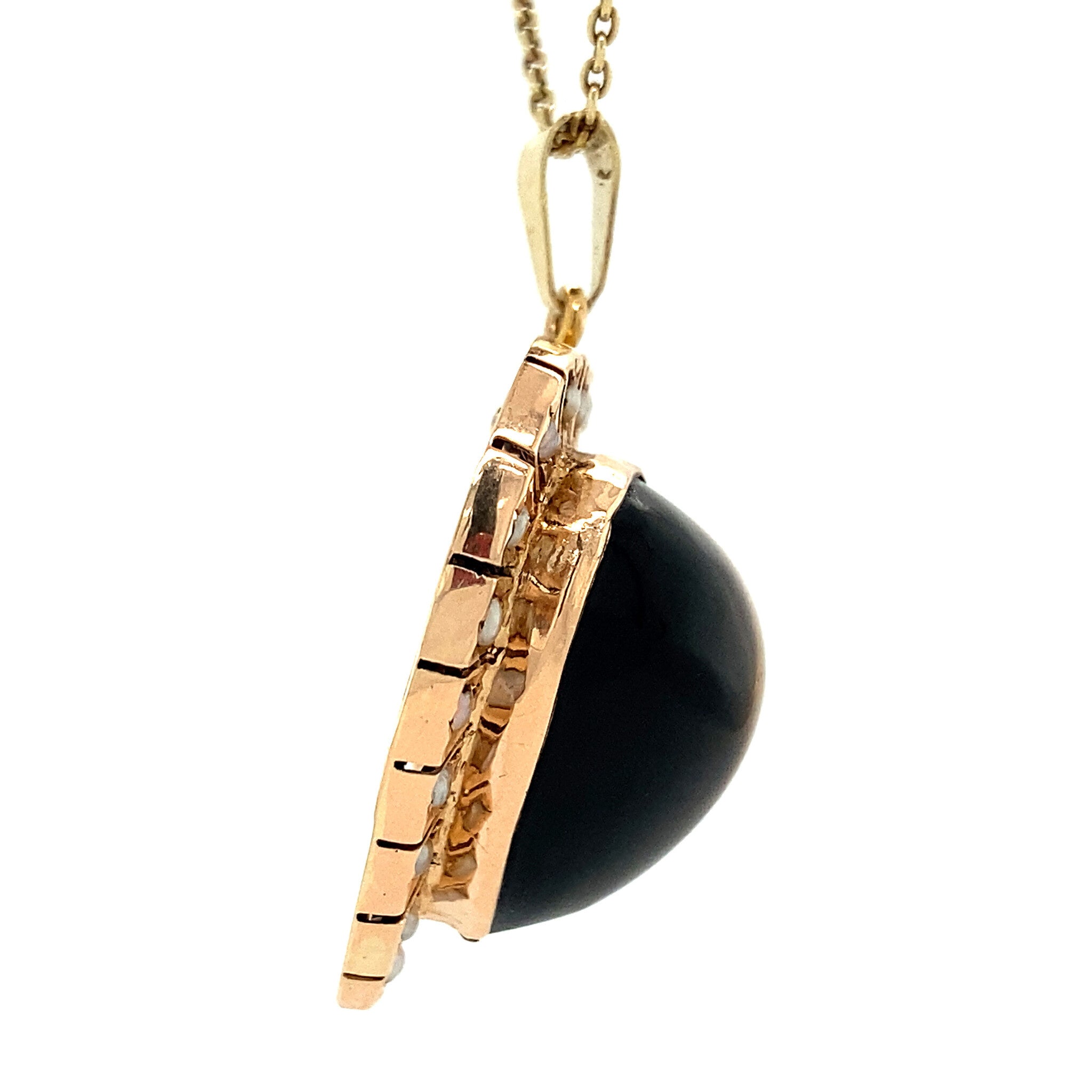 Gouden entourage hart hanger met tijgeroog en parels 14 krt