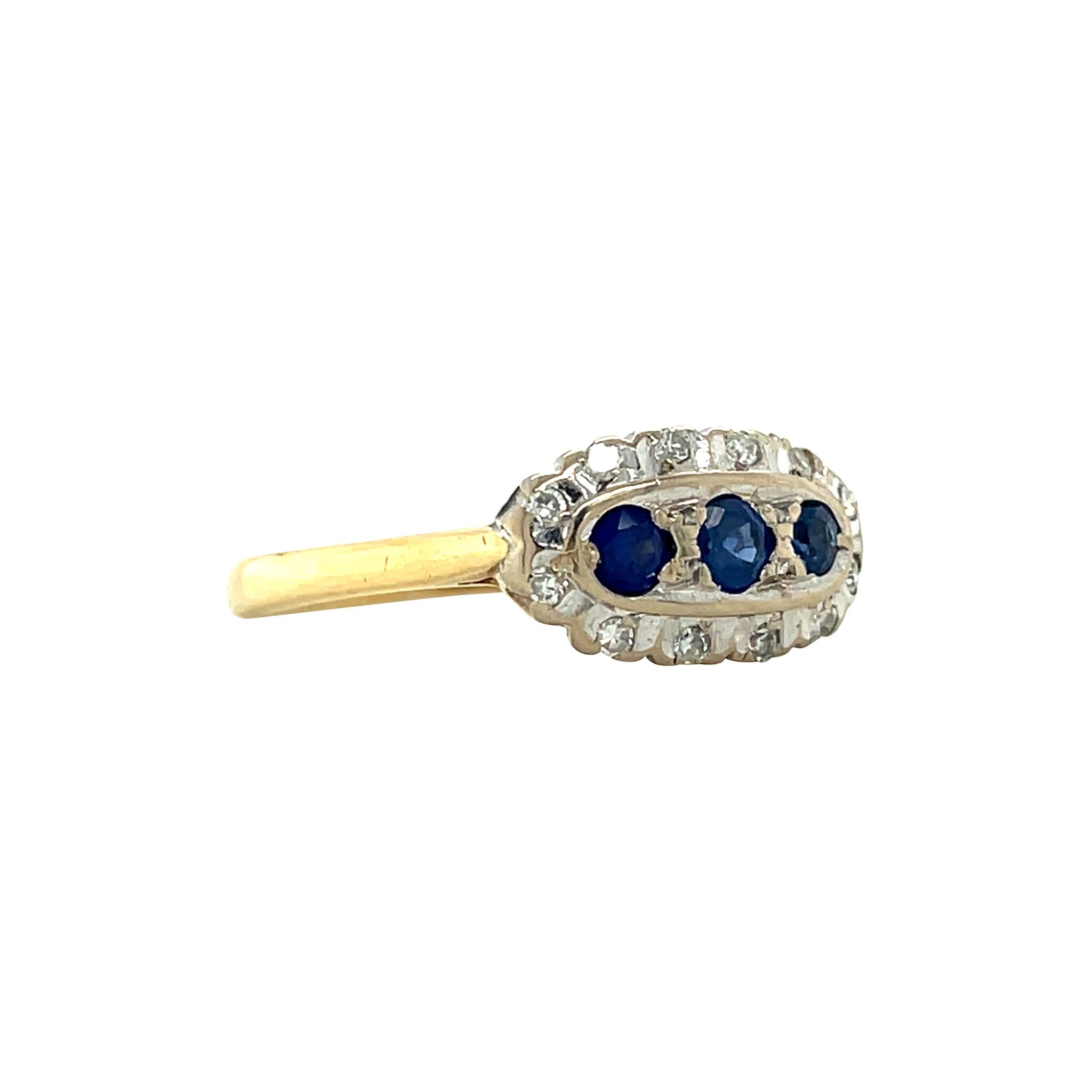 18 kt vintage gold entourage ring with sapphire and diamond