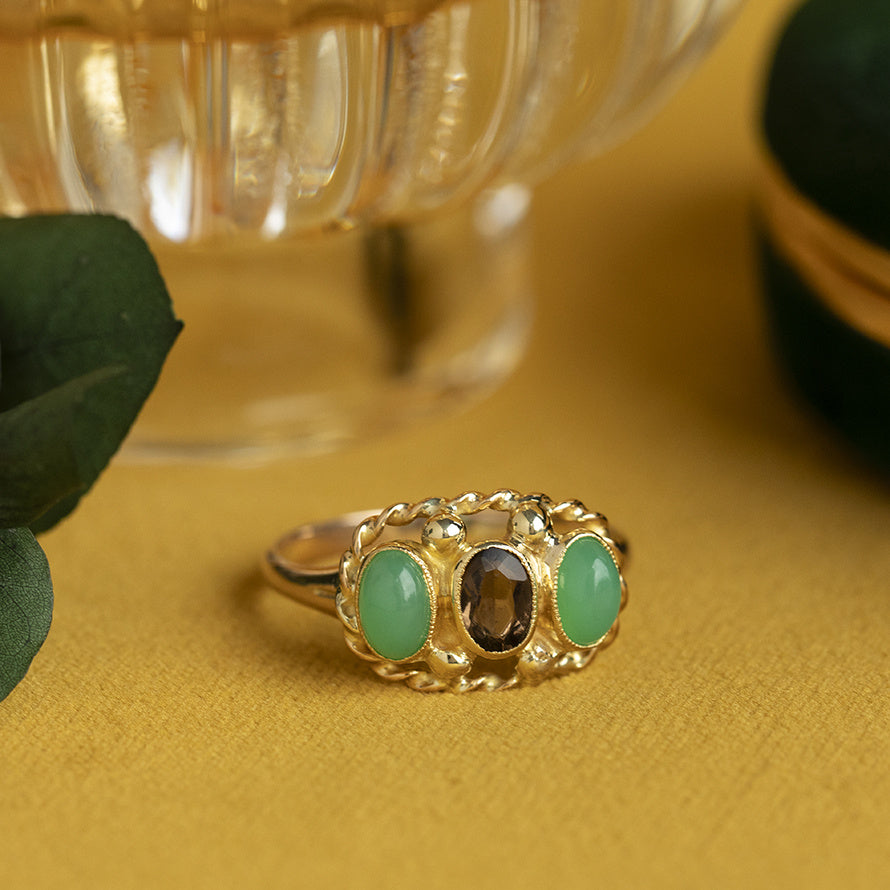 Vintage trigolie ring met rookkwarts en chrysopraas 10 kt