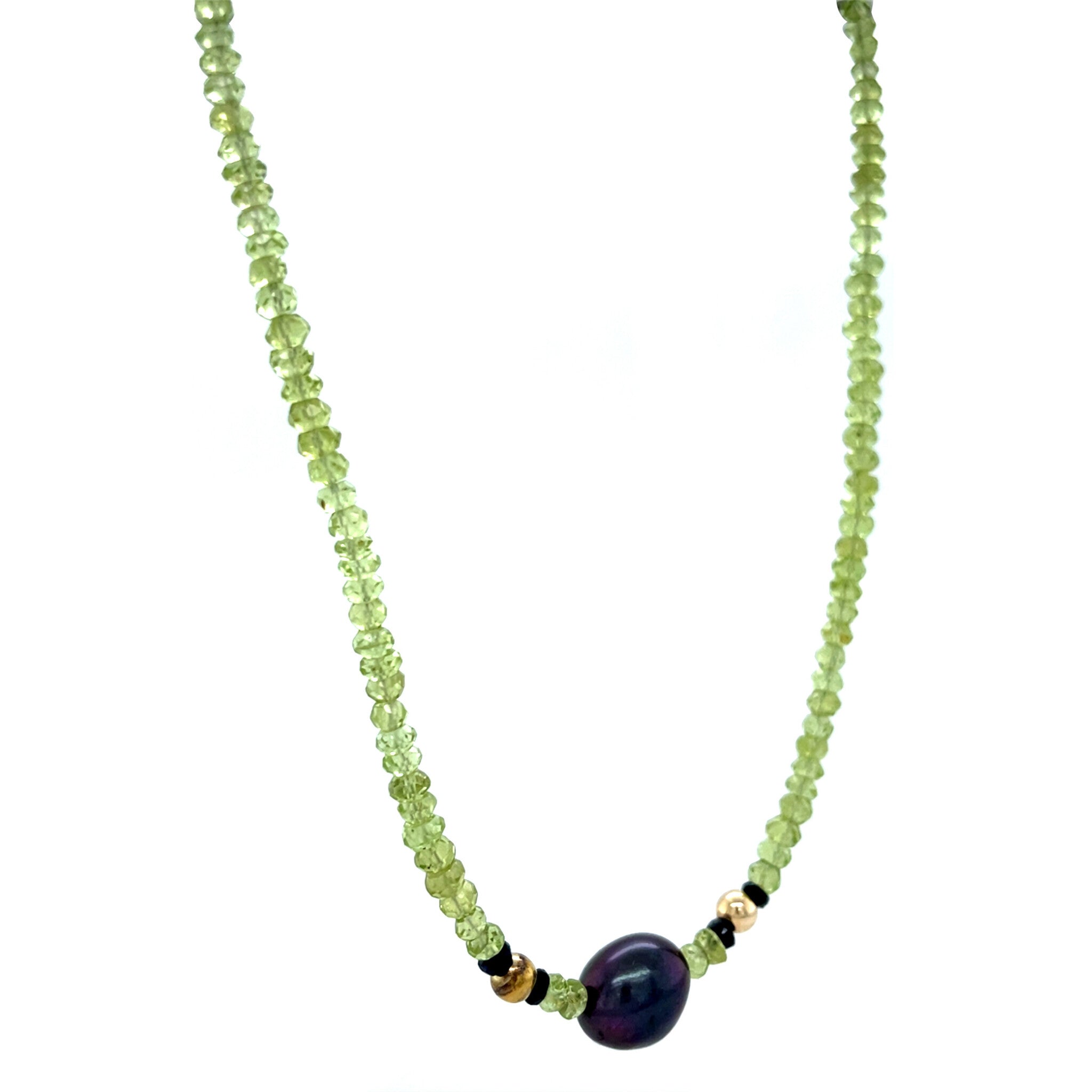 Peridot necklace with pearl and 14 kt gold clasp