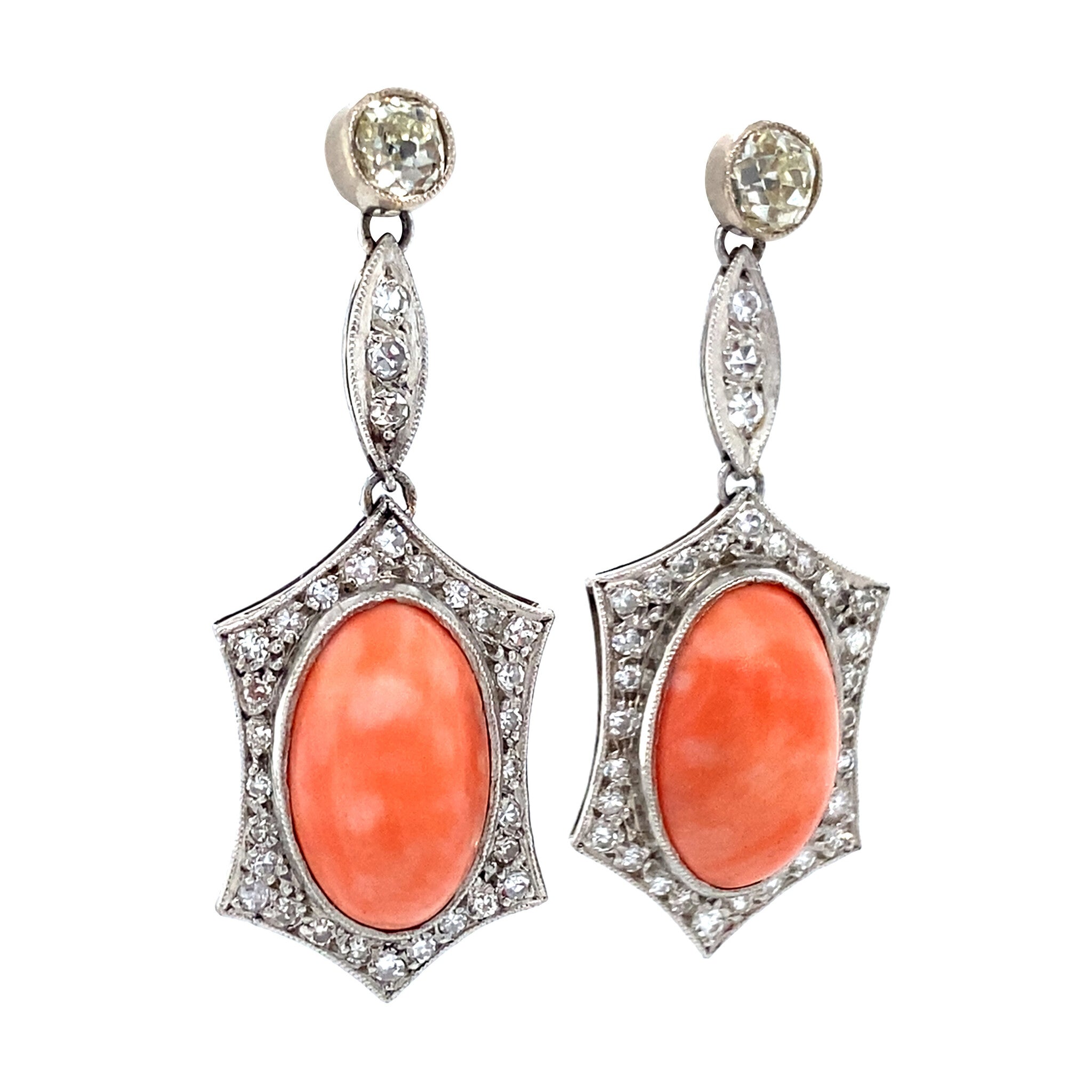 Platinum vintage art deco entourage earrings with imitation coral and diamond 900