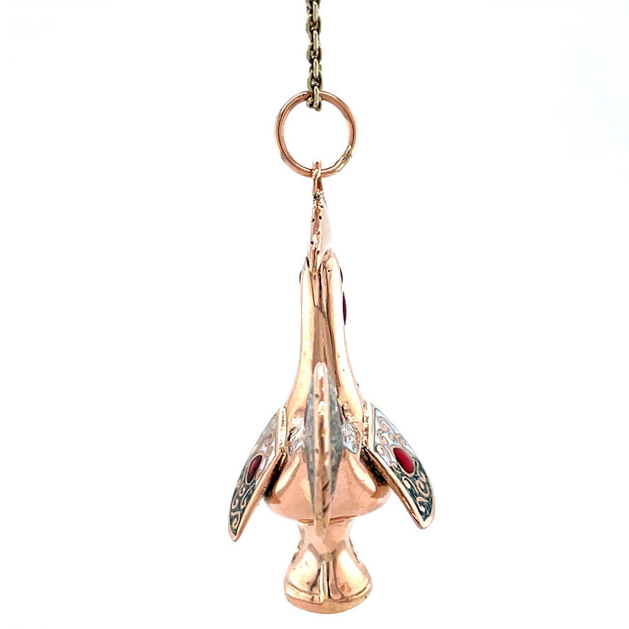 Roségouden vintage haan hanger met emaille 18 krt