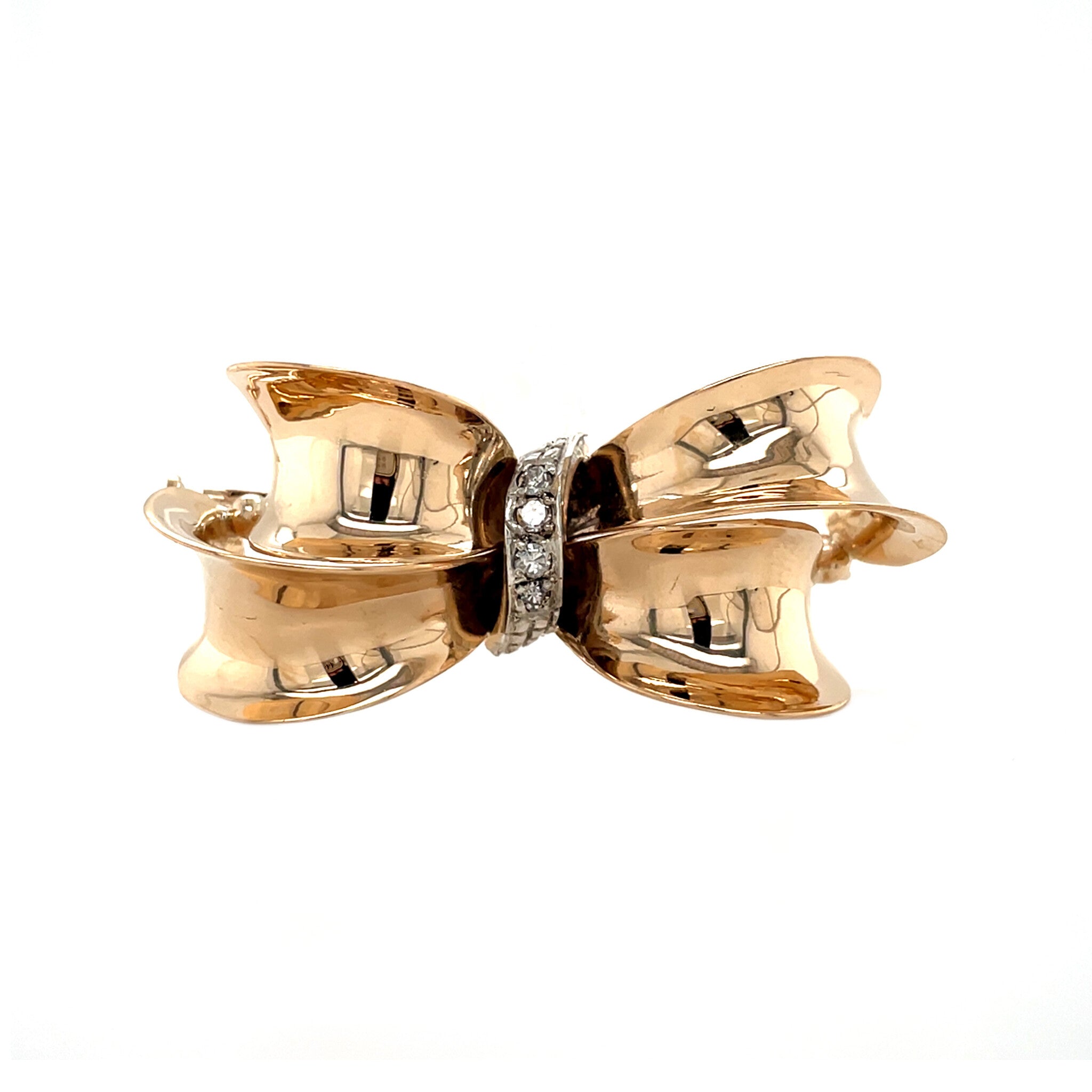 Gouden vintage strik broche met diamant 14 krt