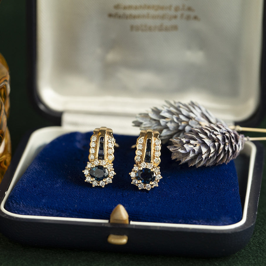 14 kt gold vintage halo stud earrings with sapphire and diamond