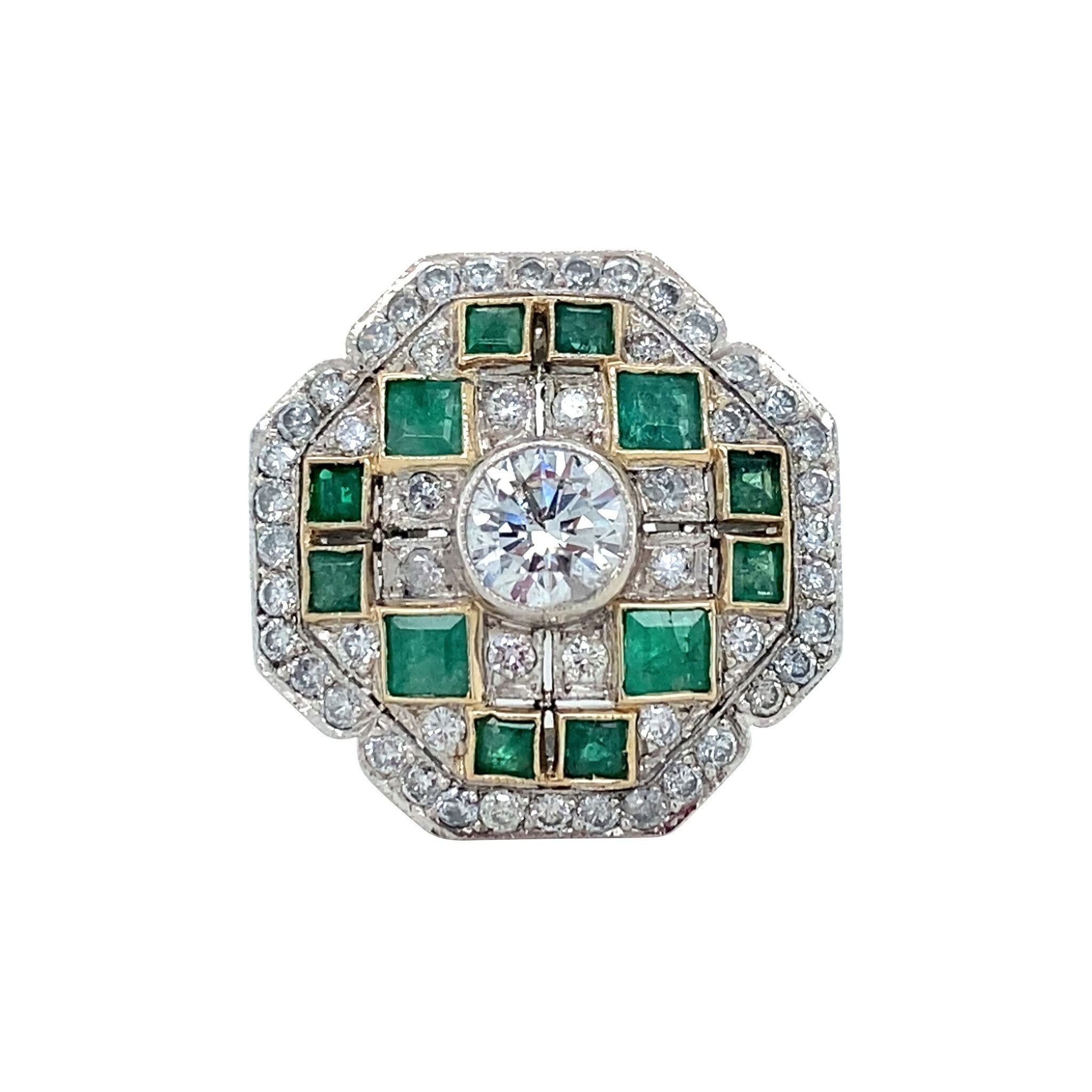 Platina vintage ring met smaragd en diamant 950