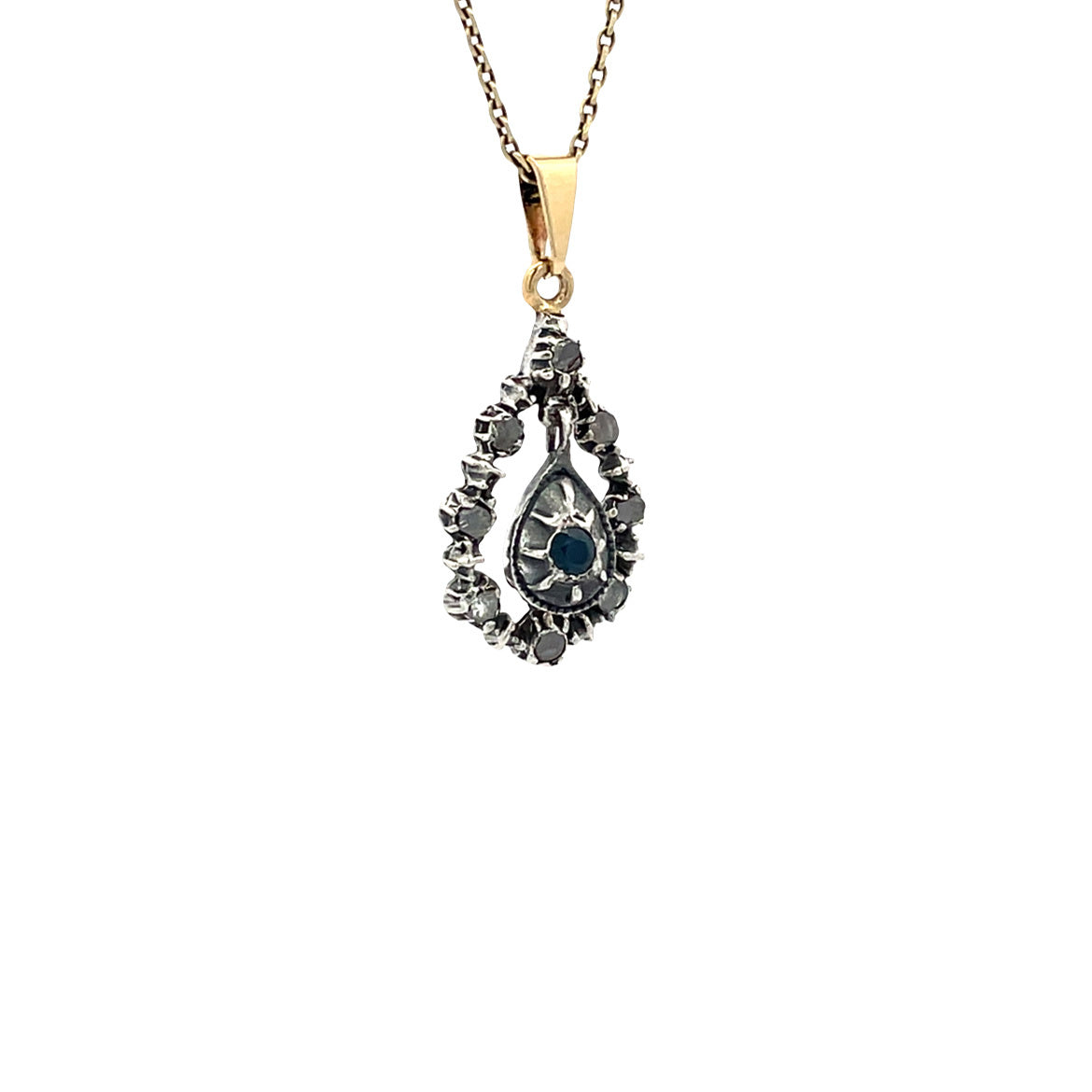 Gold vintage pendant with sapphire and rose diamond 14 kt/925