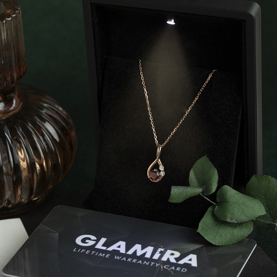 Roségouden vintage collier met granaat en diamant hanger 18 krt